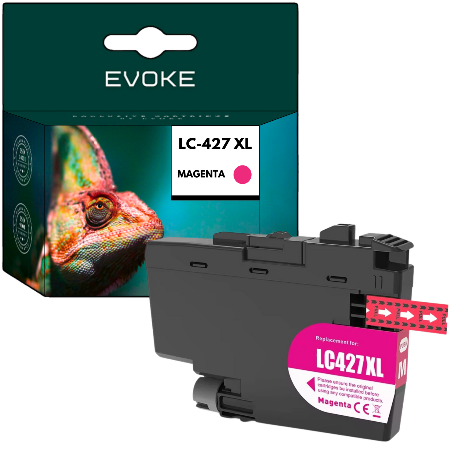 Obraz przedstawia wkład atramentowy i jego pudełko. Na pudełku napisano EVOKE, LC-427 XL, Magenta. Wkład jest czarny z magenta etykietą.