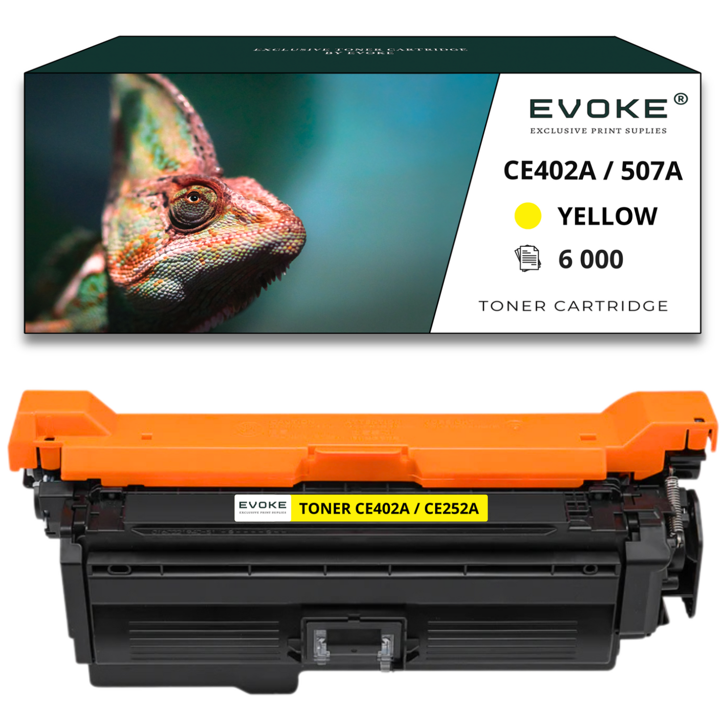 Zdjęcie przedstawia wkład z tonerem z kameleonem na pudełku. Wkład jest czarny i pomarańczowy, z żółtymi detalami.