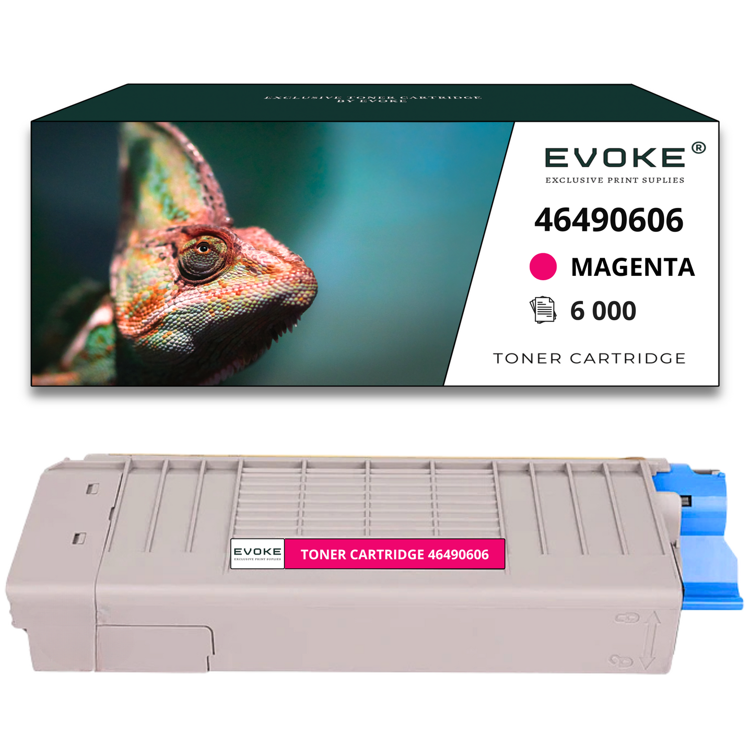 Obraz przedstawia toner z ilustracją kameleona na pudełku. Tekst brzmi: Magenta, 46490606 i 6000.