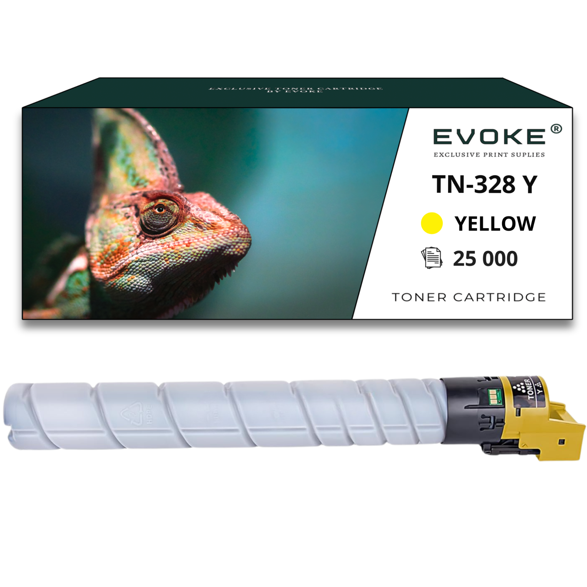 Obraz przedstawia wkład z tonerem z kameleonem na pudełku. Wkład jest szary i żółty. Na pudełku napis TN-328 Y, ŻÓŁTY.