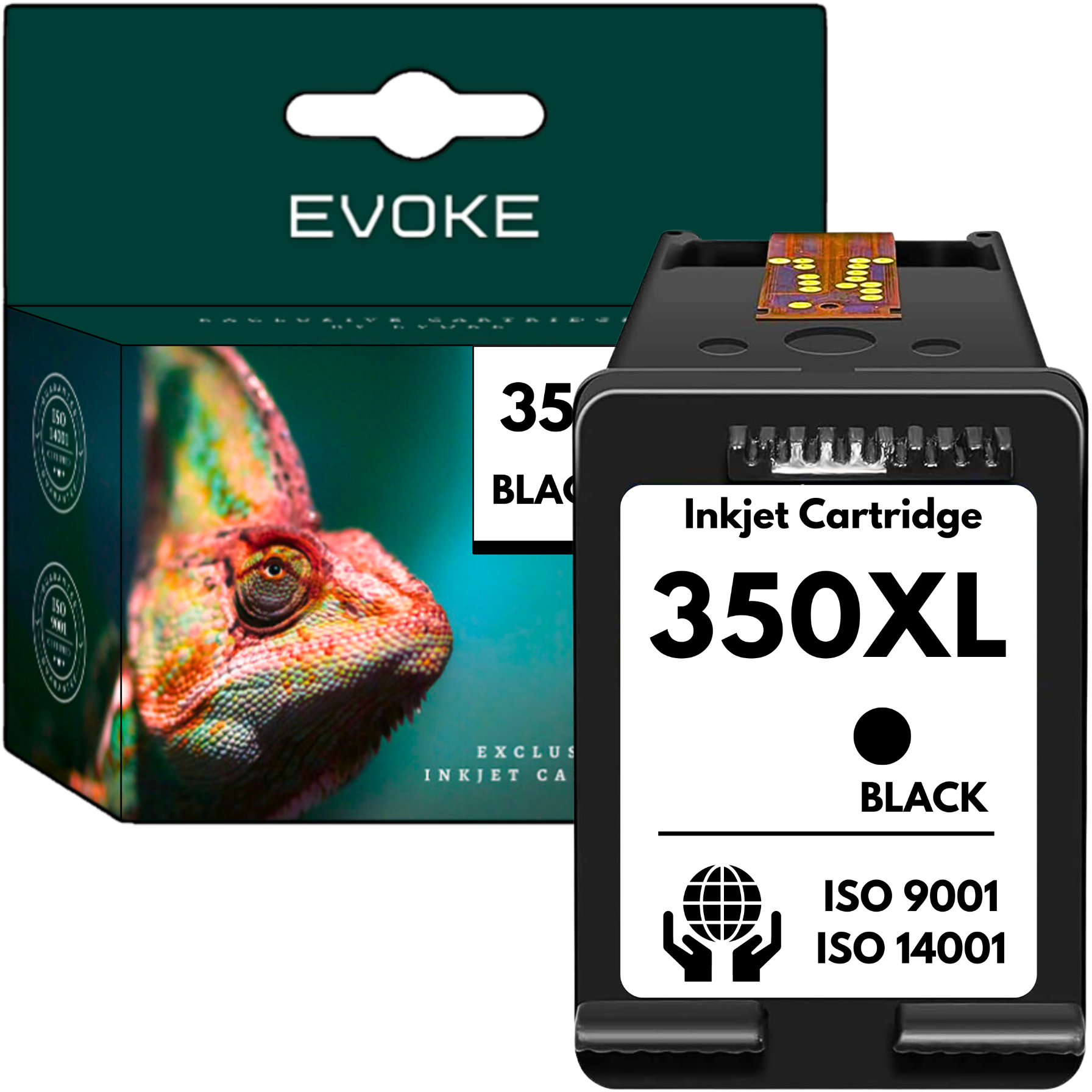 Pudełko z wkładem atramentowym ze zdjęciem kameleona i czarnym wkładem oznaczonym 350XL. Jest oznaczony jako czarny i posiada certyfikat ISO.