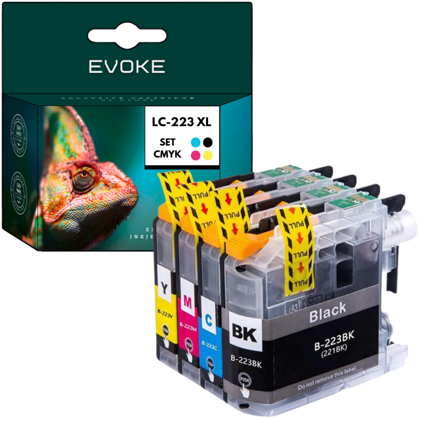 Kartridże z etykietami CMYK i BK, z pudełkiem przedstawiającym kameleona. Etykiety mówią 'PULL'.