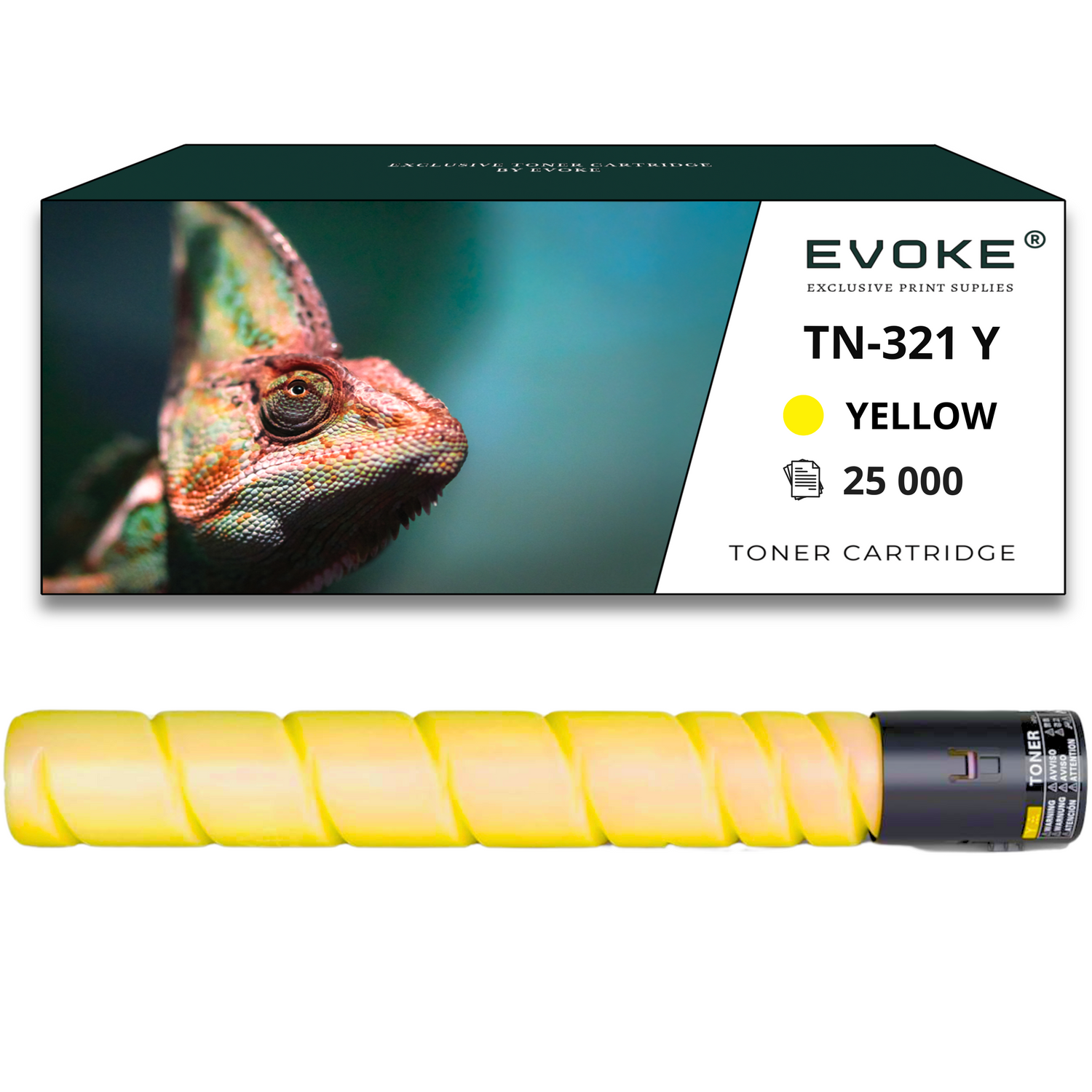 Kameleon na pudełku z żółtym tonerem. Na pudełku napisy: 'EVOKE', 'TN-321 Y' i 'YELLOW'.