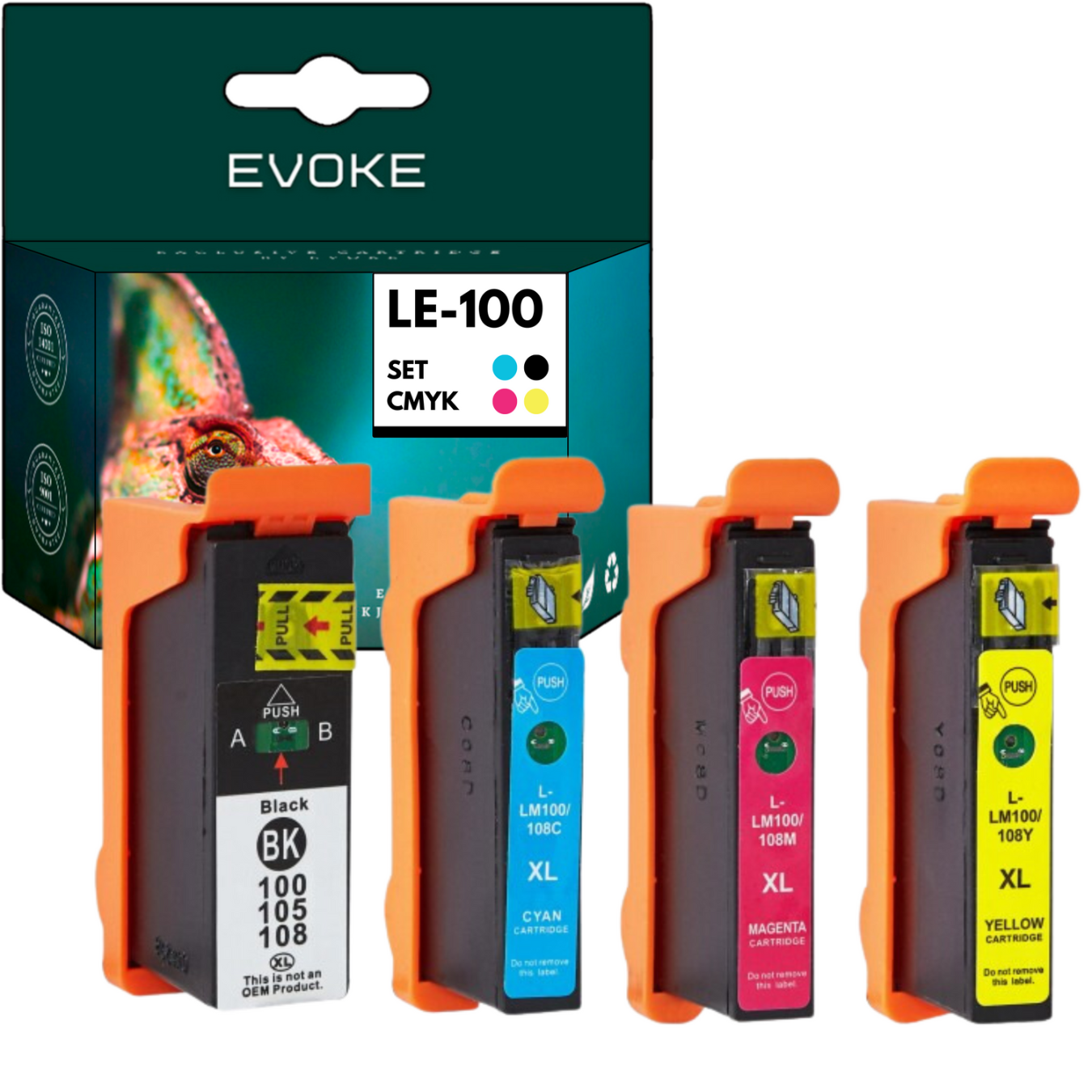 Kartridże z tuszem: czarny, cyjanowy, magenta i żółty. Na pudełku napis Evoke i LE-100. Kolory: CMYK. Kartridże mają pomarańczowe zakładki.