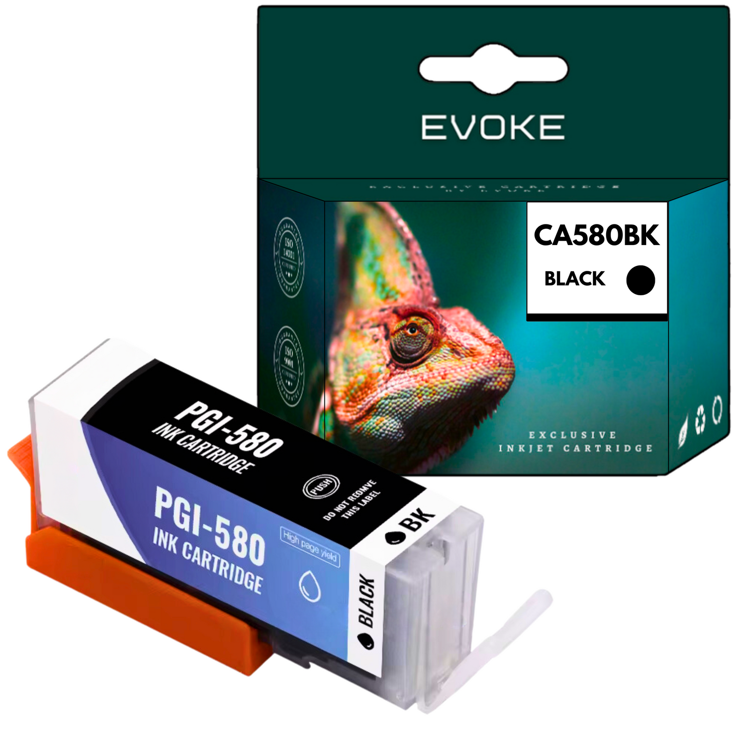 Cartuccia d'inchiostro con la scritta PGI-580 e una scatola con l'immagine di un camaleonte. La scatola è etichettata CA580BK BLACK.