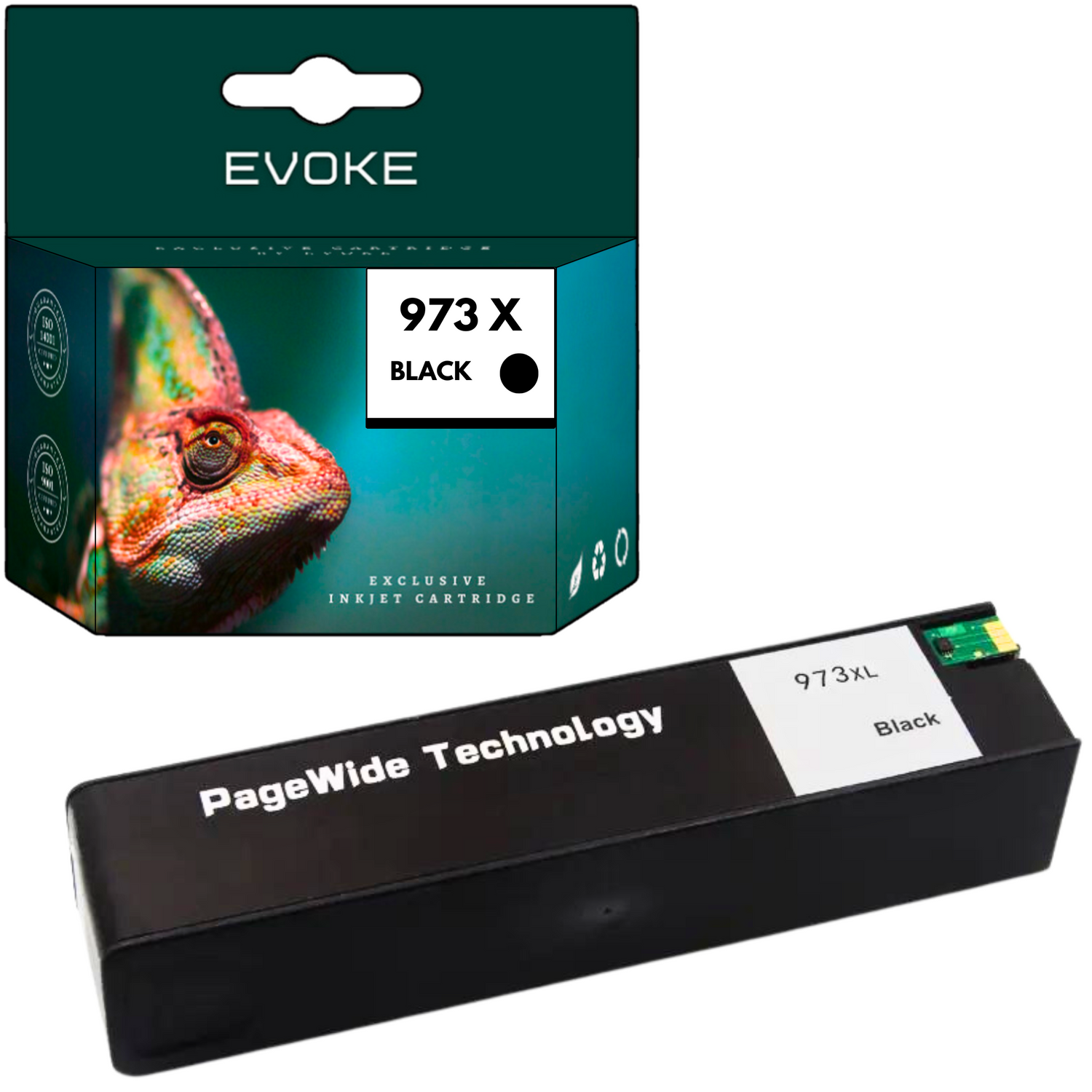 Obraz przedstawia pudełko z wkładem atramentowym Evoke ze zdjęciem kameleona i czarnym wkładem atramentowym oznaczonym jako 973XL Black.