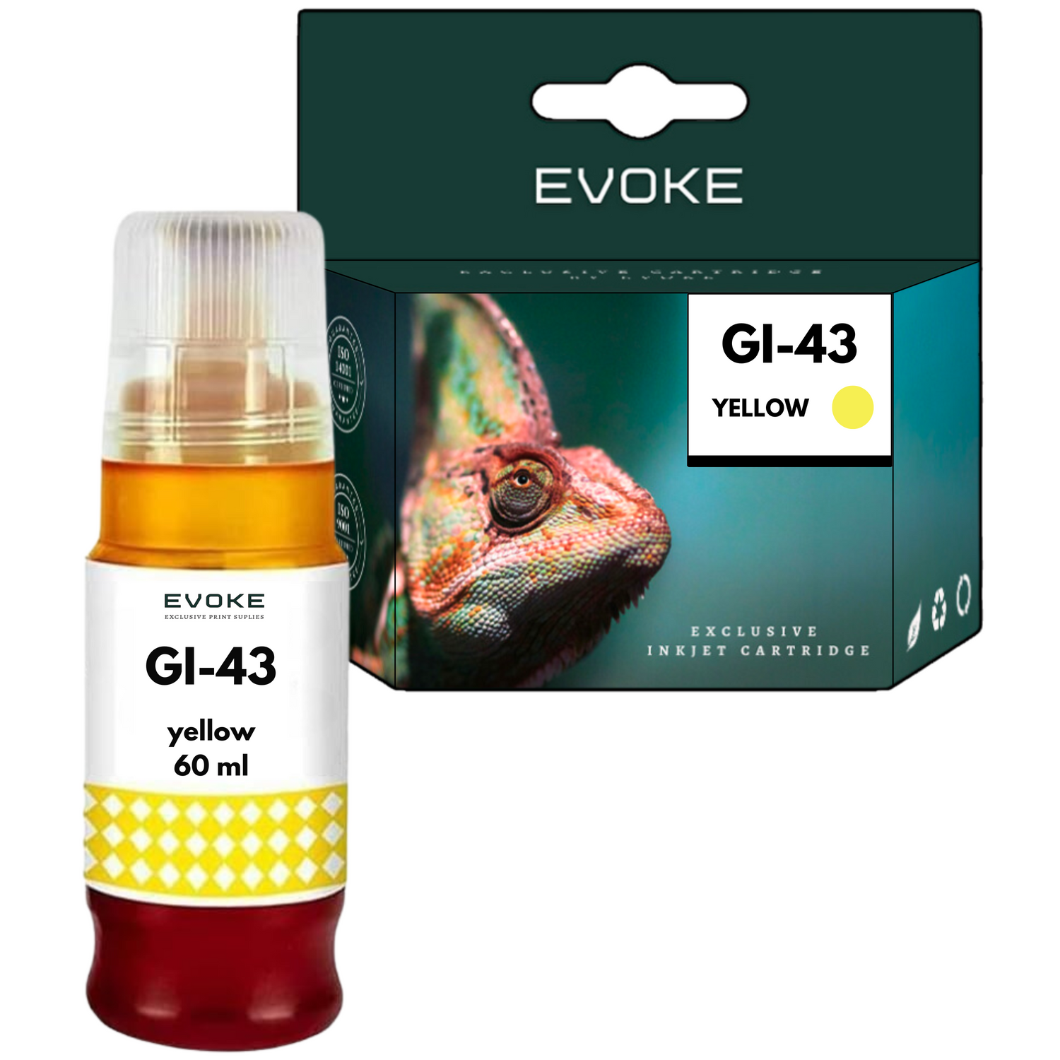 Butelka z tuszem i pudełko ze zdjęciem kameleona. Butelka ma żółty tusz, oznaczony GI-43 żółty. Pudełko również pokazuje GI-43 żółty.