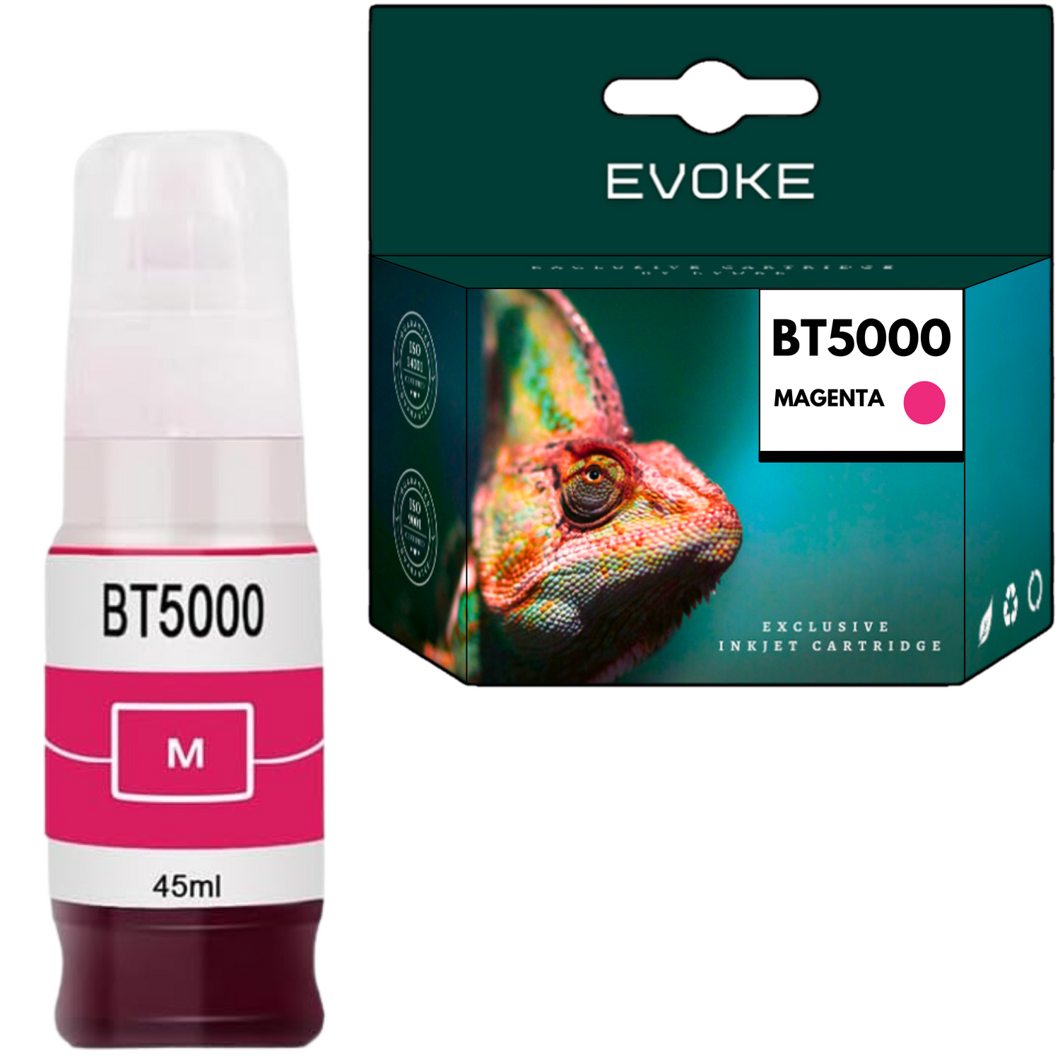 Butelka i pudełko z tuszem. Butelka ma napis 'BT5000 M' i tusz w kolorze magenta. Pudełko mówi 'EVOKE BT5000 MAGENTA' i pokazuje kameleona.