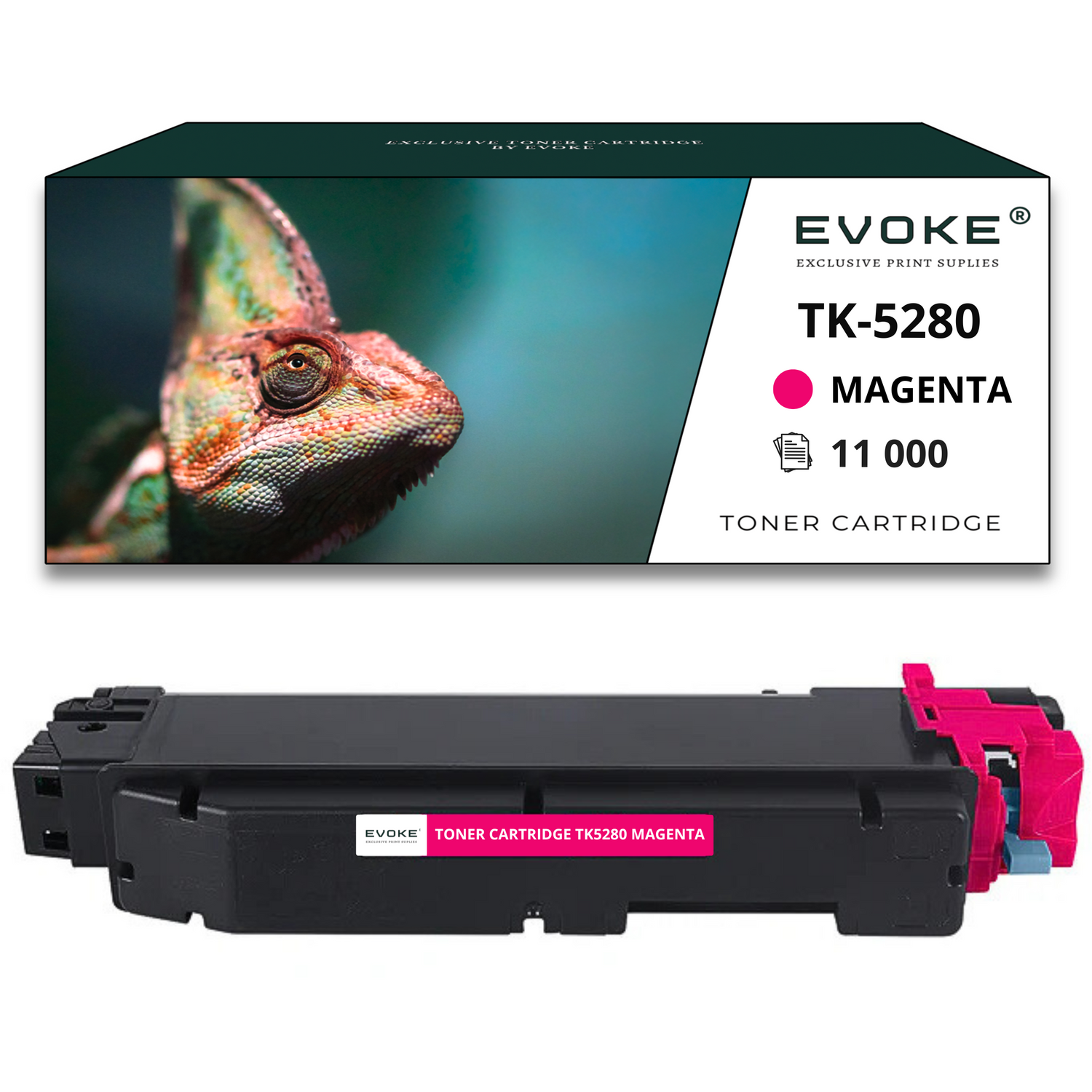 Kameleon na pudełku z magenta tonerem. Na pudełku: 'Evoke', 'TK-5280', 'Magenta', '11000', 'Toner Cartridge'.