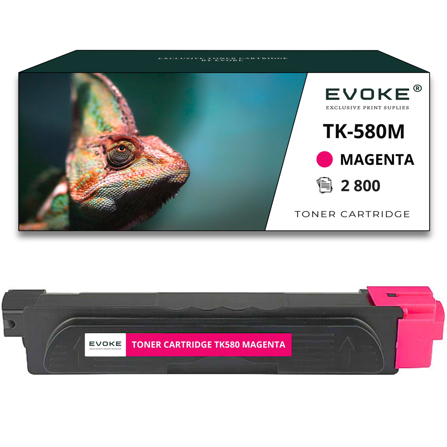 Kameleon na pudełku. Poniżej czarny toner z magenta akcentami, oznaczony 'MAGENTA' i 'TK-580M'.