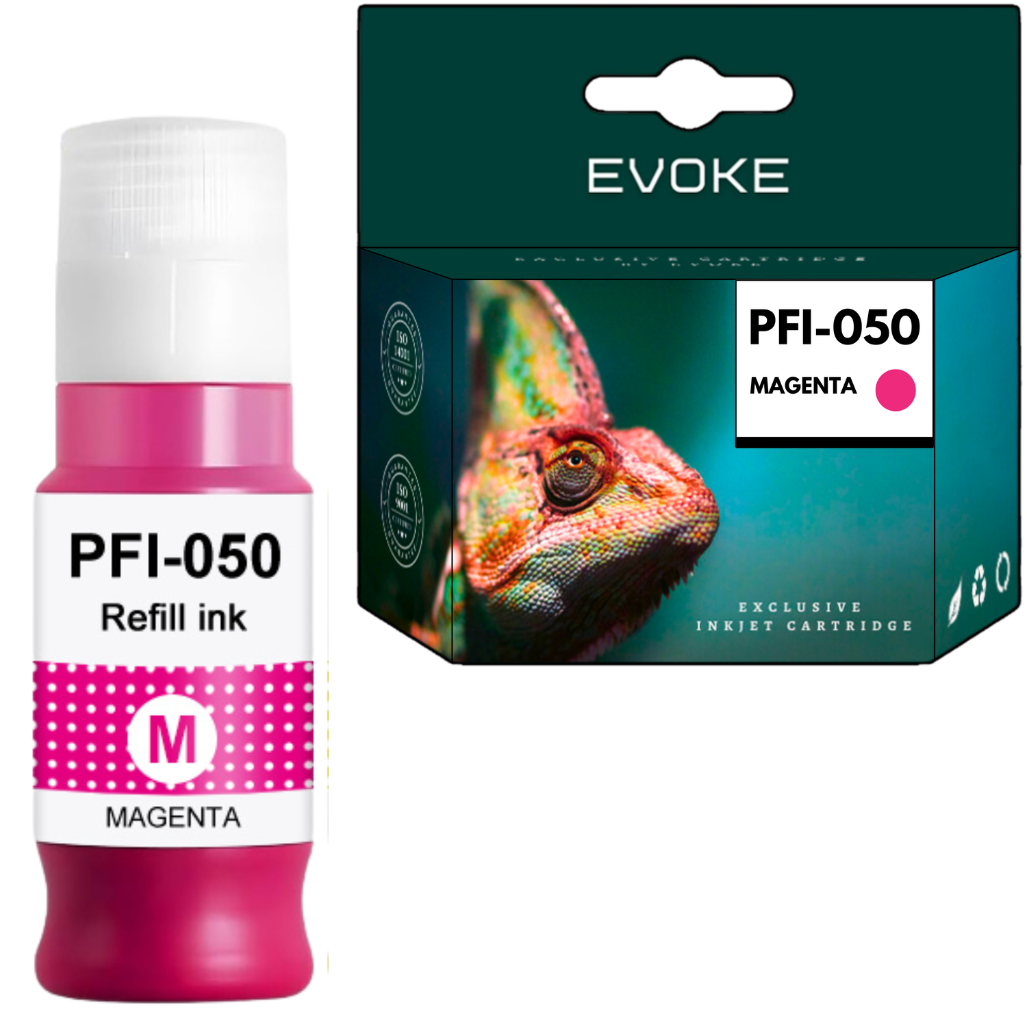 Butelka z tuszem w kolorze magenta i pudełko ze zdjęciem kameleona. Obie oznaczone PFI-050 Magenta, do wkładów atramentowych.