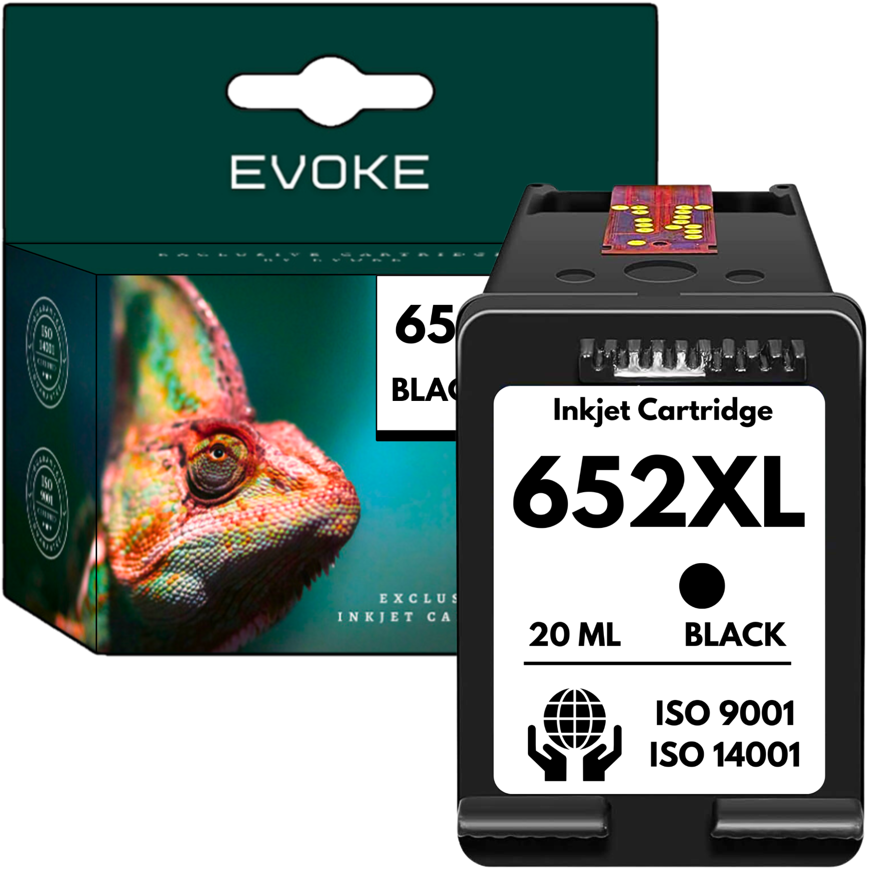 Czarny wkład atramentowy z pudełkiem przedstawiającym kameleona. Tekst zawiera '652XL', 'BLACK' i markę 'EVOKE'.