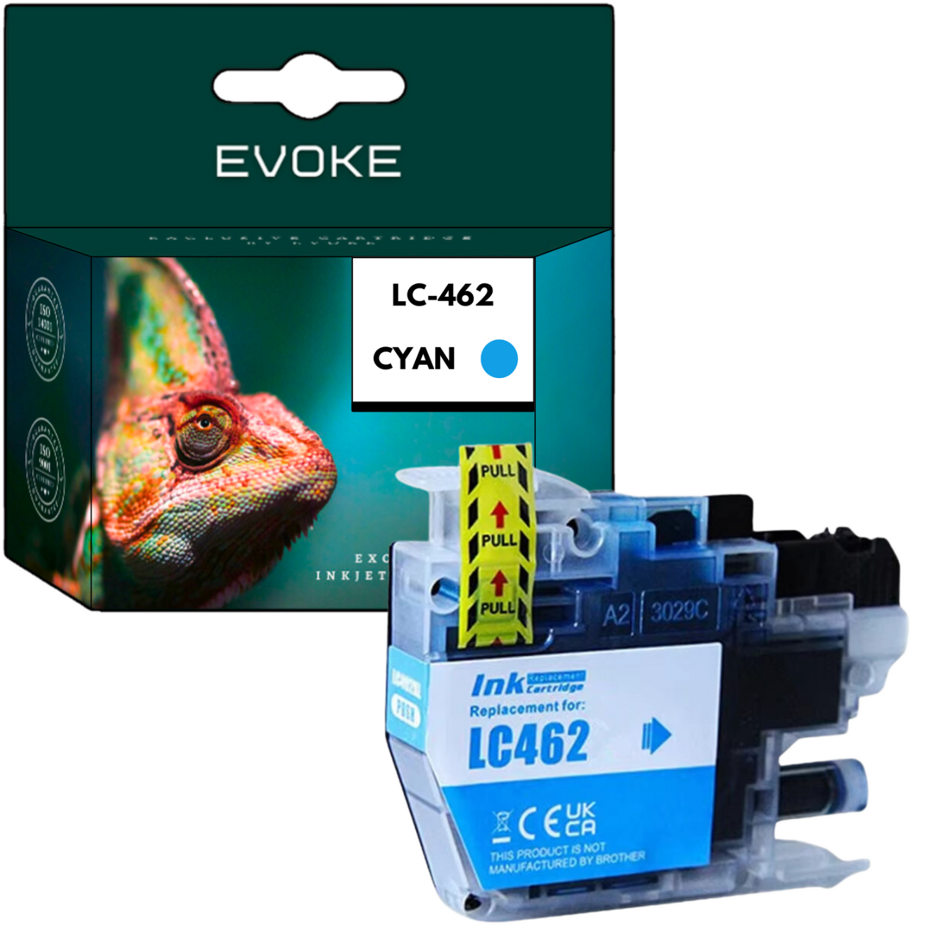 Pudełko z wkładem atramentowym w kolorze cyjanowym Evoke z wizerunkiem kameleona i wkładem atramentowym cyjanowym, oznaczonym LC-462, z zakładkami i szczegółami produktu.