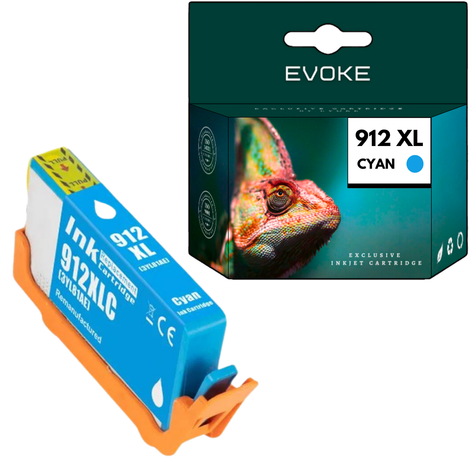 Cyjanowy wkład atramentowy na pomarańczowym uchwycie, z pudełkiem pokazującym kameleona. Etykiety mówią '912 XL Cyan Ink'.