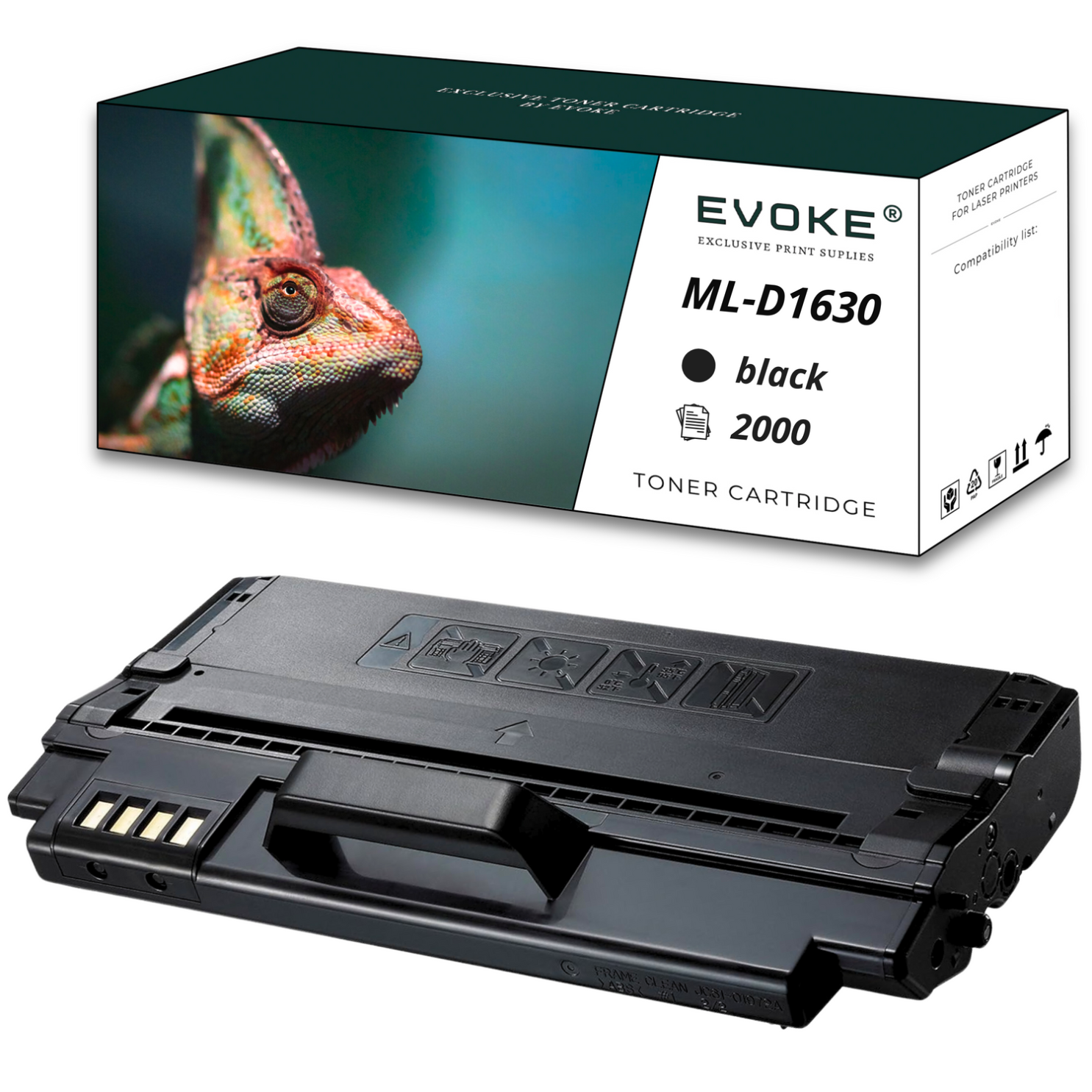 Zdjęcie przedstawia czarny toner i jego pudełko. Pudełko ma zdjęcie kameleona i szczegóły produktu.