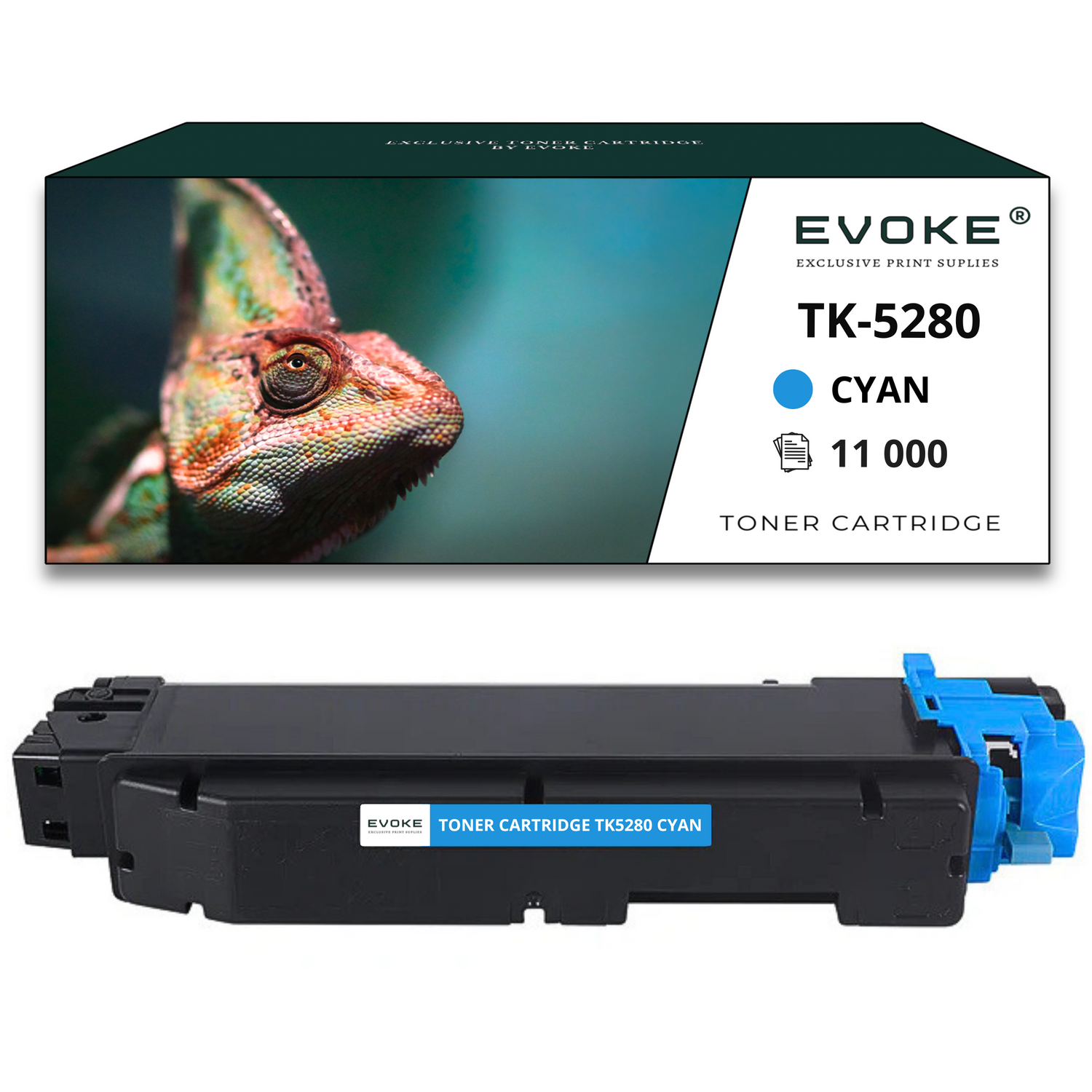 Pudełko z tonerem ze zdjęciem kameleona i niebiesko-zielonym tonerem poniżej. Tekst: EVOKE, TK-5280, CYAN, 11000, Toner Cartridge.