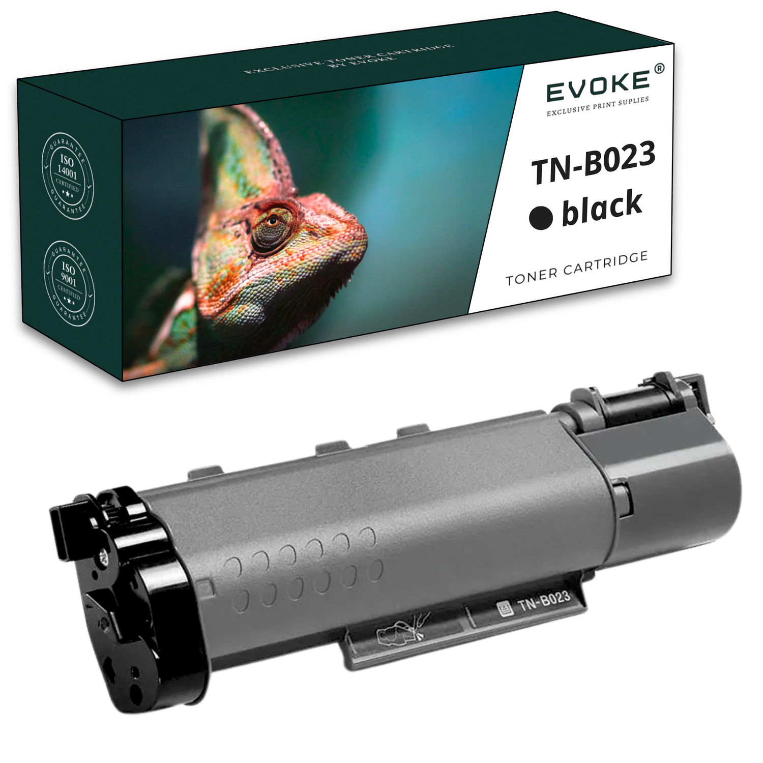 Pudełko z tonerem ze zdjęciem kameleona i czarnym tonerem. Na pudełku napis 'TN-B023 black' i 'EVOKE'.