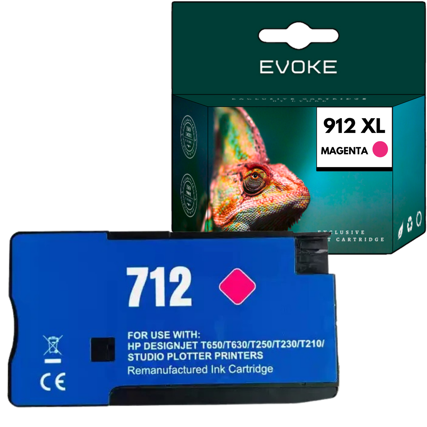 Obraz przedstawia wkład atramentowy i pudełko. Wkład jest niebieski z numerem 712 i różowym kwadratem. Pudełko przedstawia kameleona.