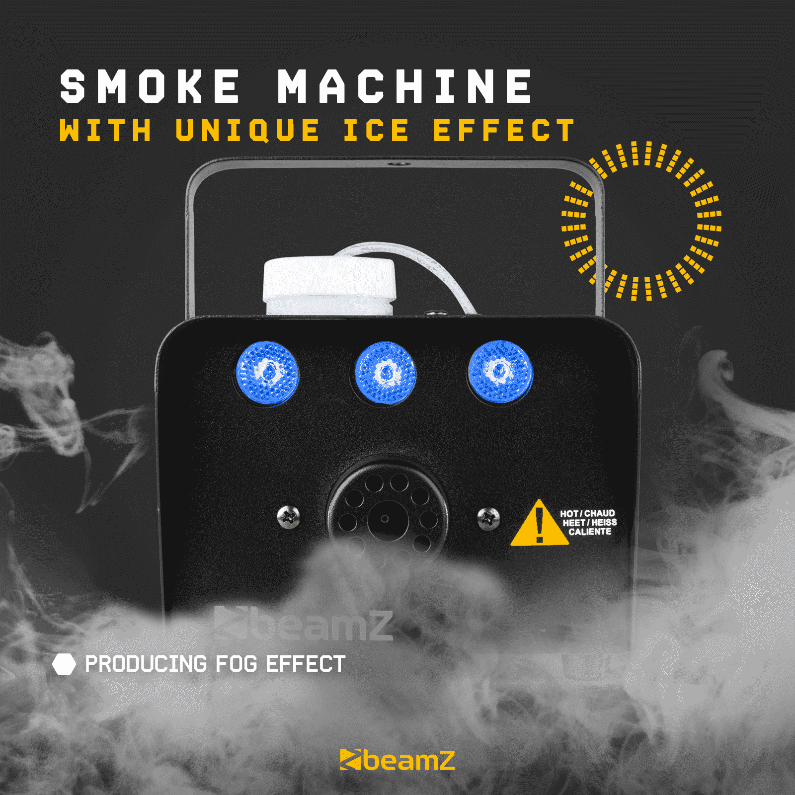 Una máquina de humo negra con luces azules y texto que dice 'SMOKE MACHINE' y 'PRODUCING FOG EFFECT'.