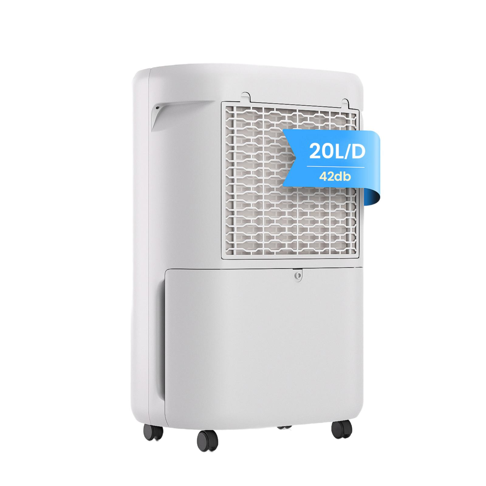 Ein weißer Luftentfeuchter mit blauem Etikett (20L/D, 42db) auf weißem Hintergrund. Er hat Räder.
