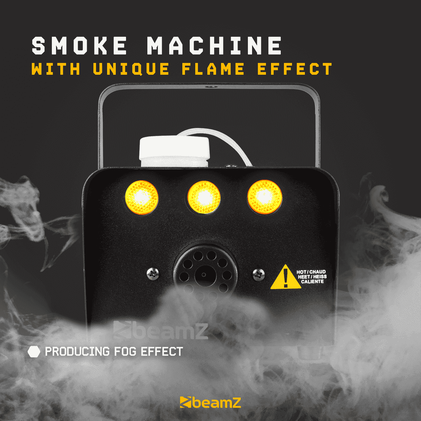 Una máquina de humo negra con tres luces amarillas. El texto dice: Smoke Machine with Unique Flame Effect, Producing Fog Effect.