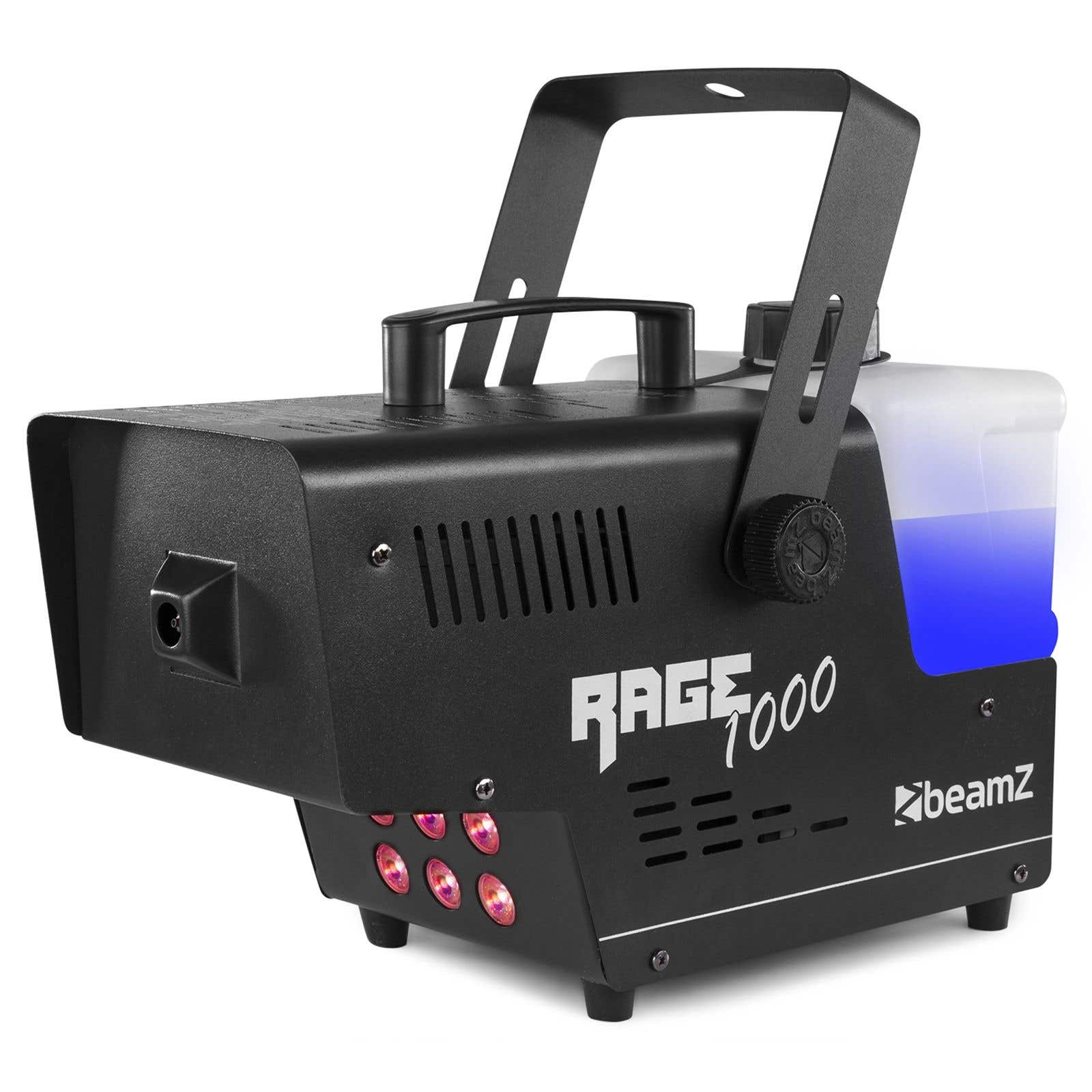 Máquina de niebla negra con asa. Tiene el texto 'RAGE 1000' y 'beamz'. El tanque tiene líquido azul.