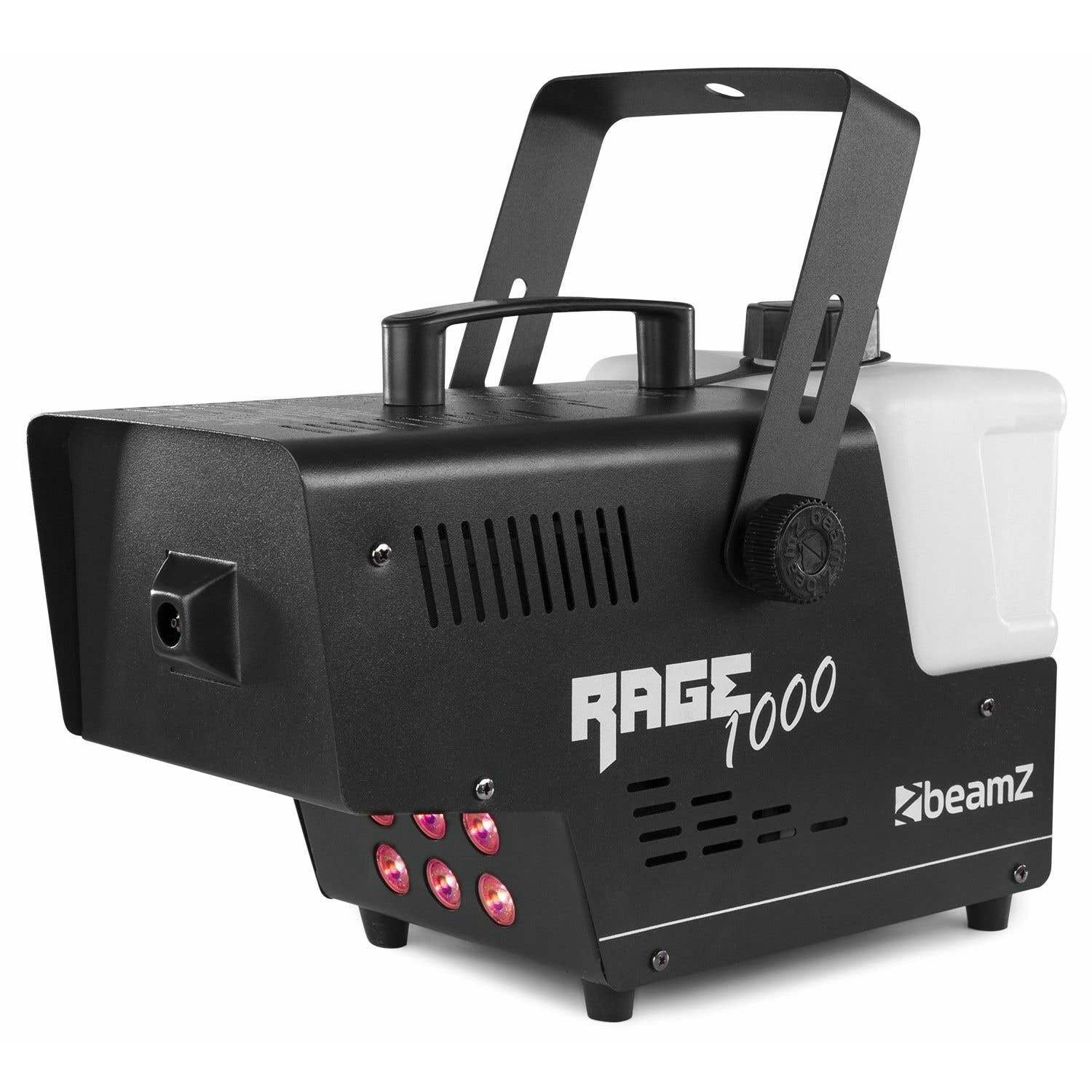 Máquina de niebla negra con asa, depósito de agua blanco y luces rojas. Tiene el nombre 'RAGE 1000' y 'beamz' impresos.