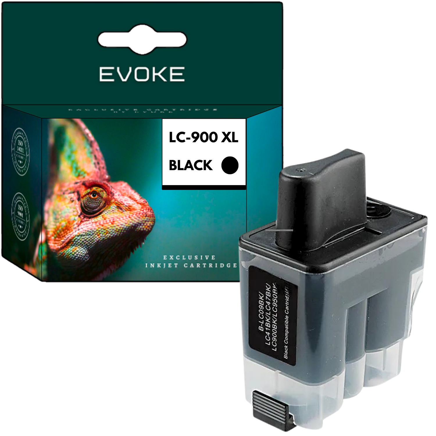Obrazek przedstawia pudełko z wkładem atramentowym Evoke z kameleonem i czarnym wkładem atramentowym. Na pudełku napis 'LC-900 XL BLACK'.