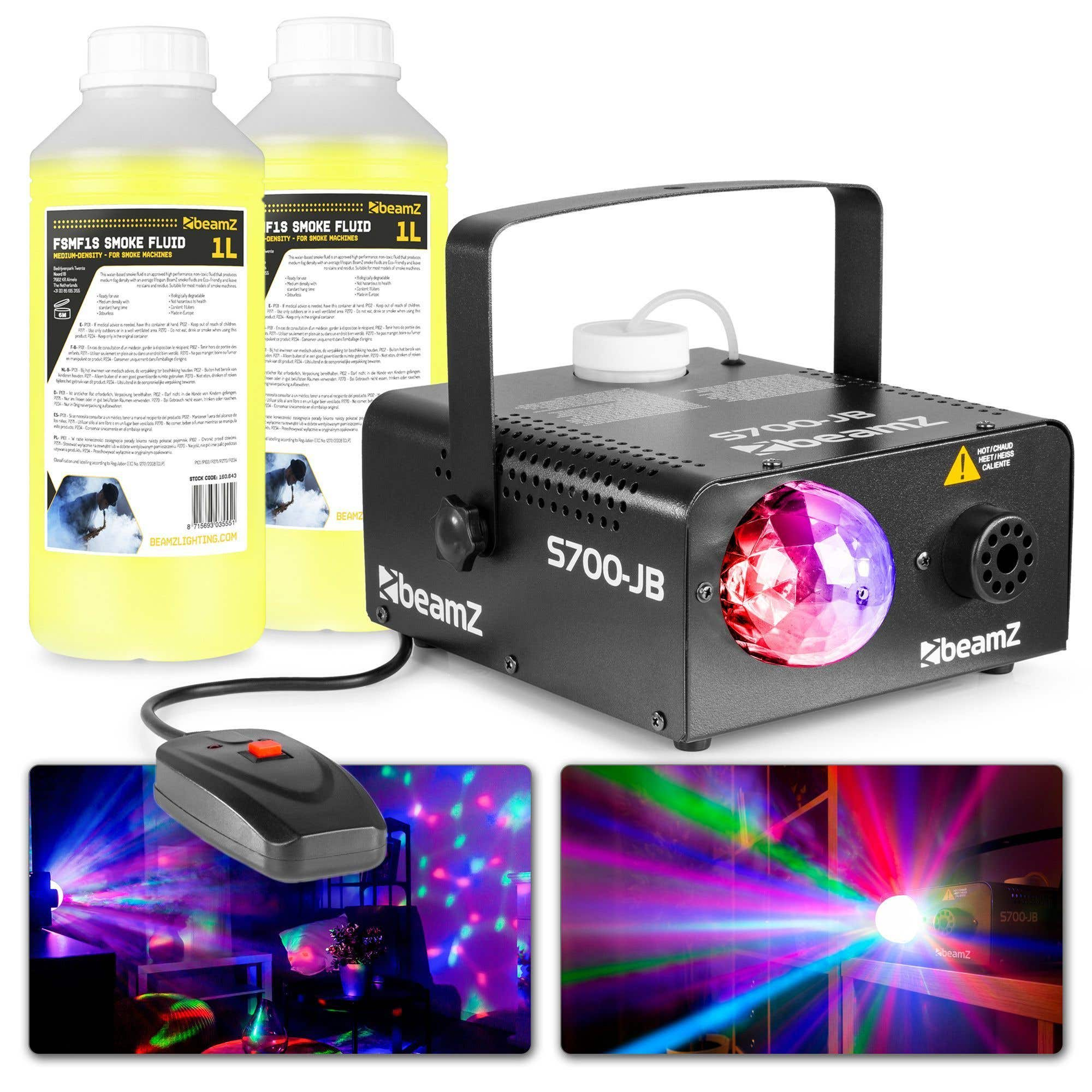 Una máquina de humo con dos botellas de líquido, un mando a distancia y un espectáculo de luces.