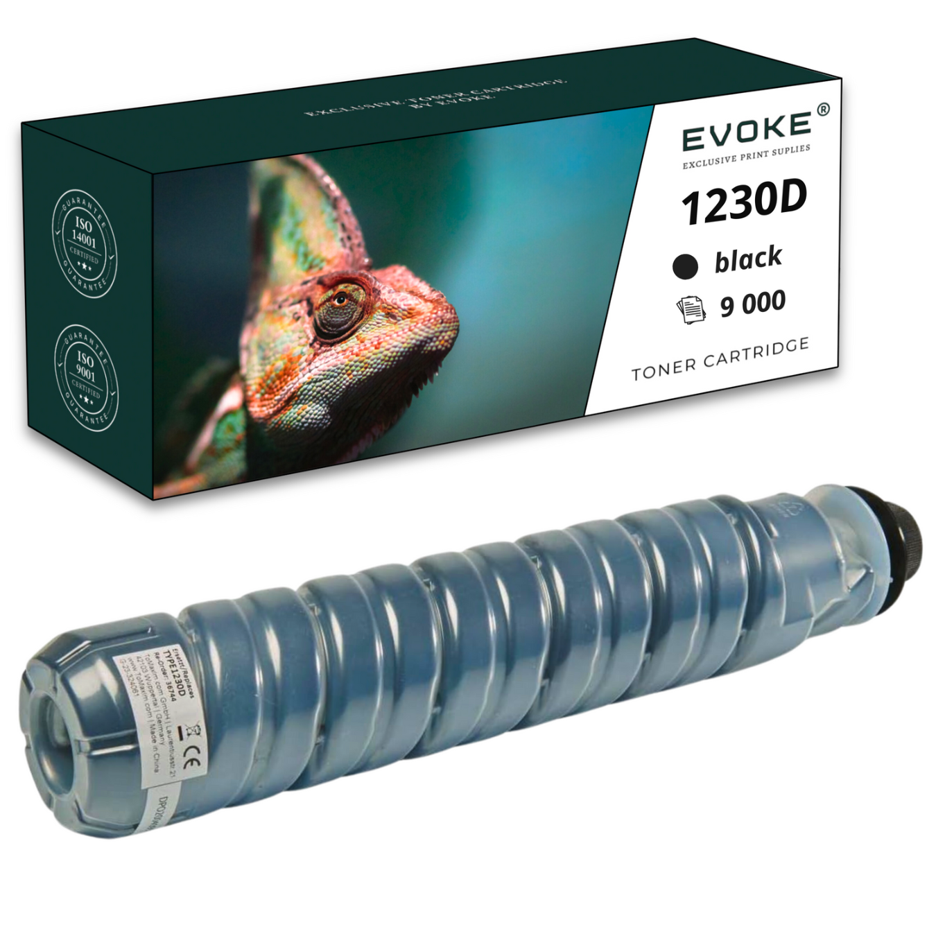 Wkład z tonerem z jego pudełkiem, czarno-zielone pudełko ze zdjęciem kameleona i sam wkład.