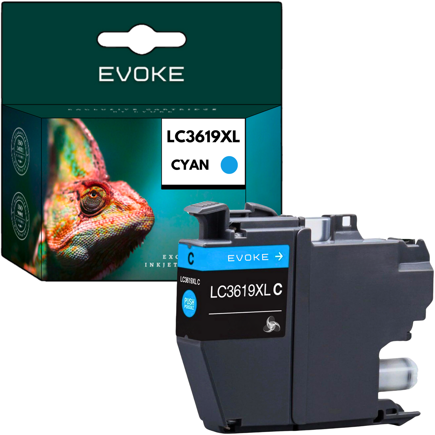 Wkład atramentowy Evoke w kolorze cyjanu. Pudełko przedstawia kameleona. Na wkładzie jest LC3619XL C.