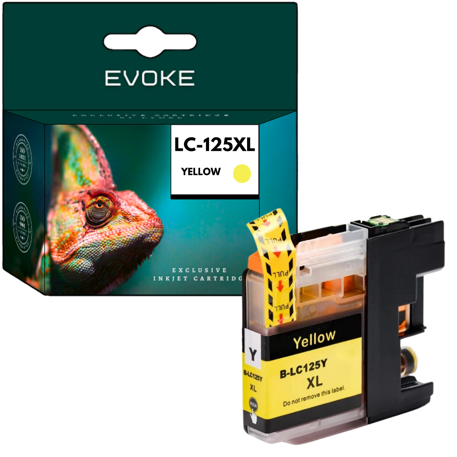 Na zdjęciu jest kameleon na pudełku i żółty wkład atramentowy. Wkład ma żółtą etykietę, a na pudełku napis 'żółty'.