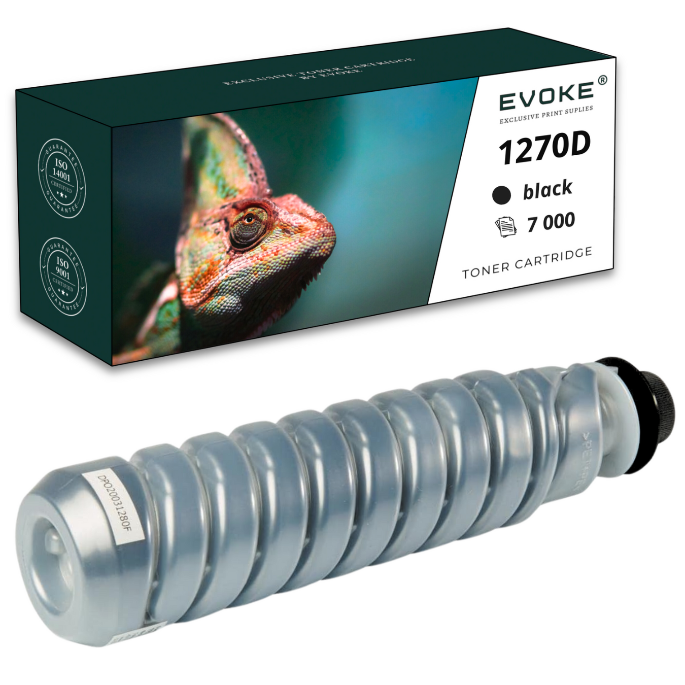 Obraz przedstawia wkład z tonerem i pudełko. Pudełko ma wizerunek kameleona. Wkład jest szary, a na pudełku napis: 1270D black.