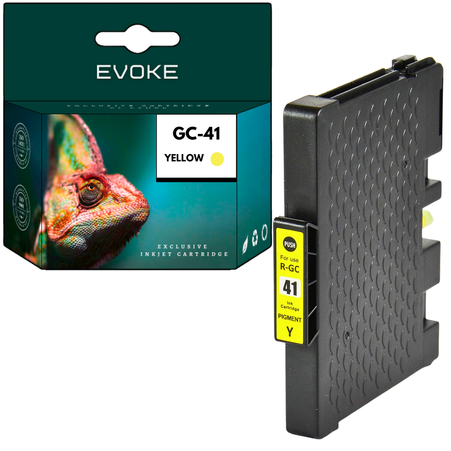 Pudełko z wkładem atramentowym ze zdjęciem kameleona i czarnym wkładem z żółtą etykietą, oznaczonym "Y" i "41".