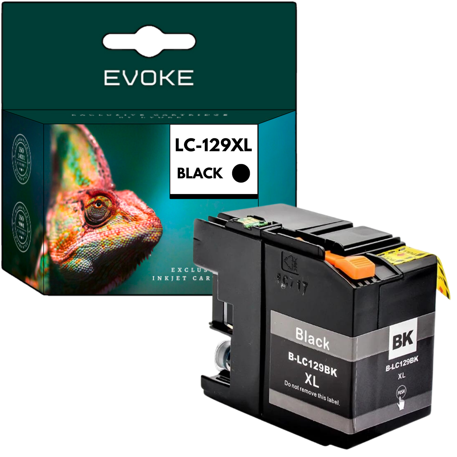 Pudełko z kameleonem i czarnym wkładem atramentowym. Wkład ma etykiety: Czarny, B-LC129BK XL i BK.