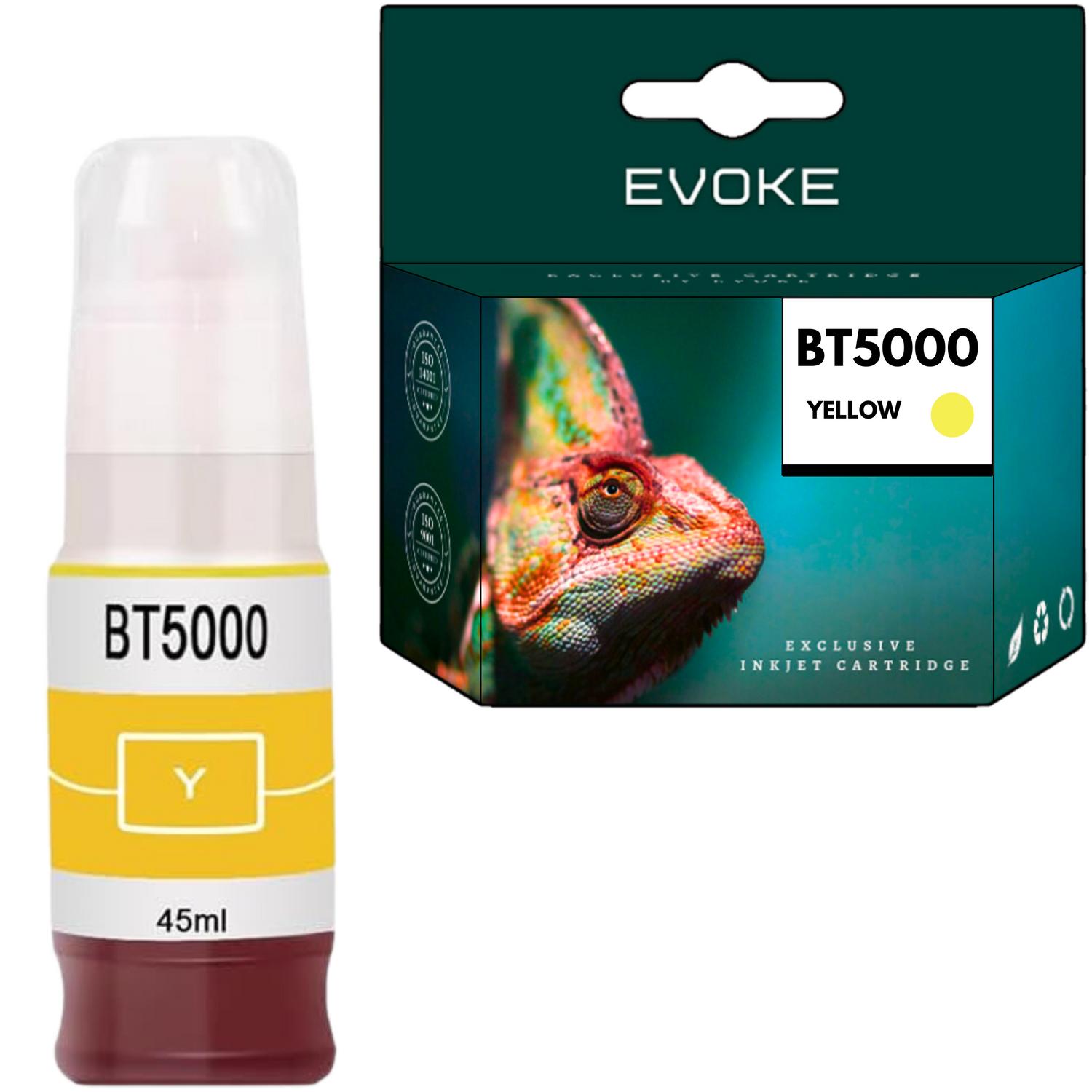 Żółta butelka z tuszem i pudełko ze zdjęciem kameleona. Obie oznaczone 'BT5000' i 'Żółty'. Na butelce napis '45ml'.