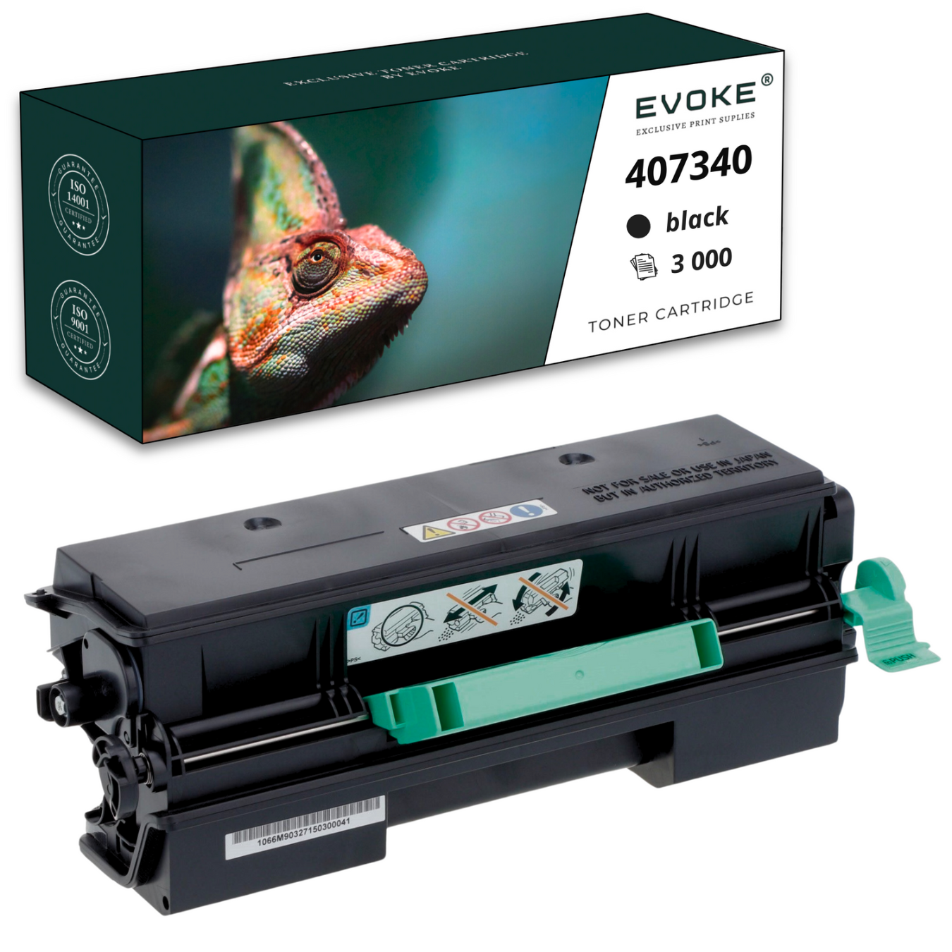 Wkład z tonerem z pudełkiem z kameleonem. Wkład jest czarny z zielonym uchwytem.