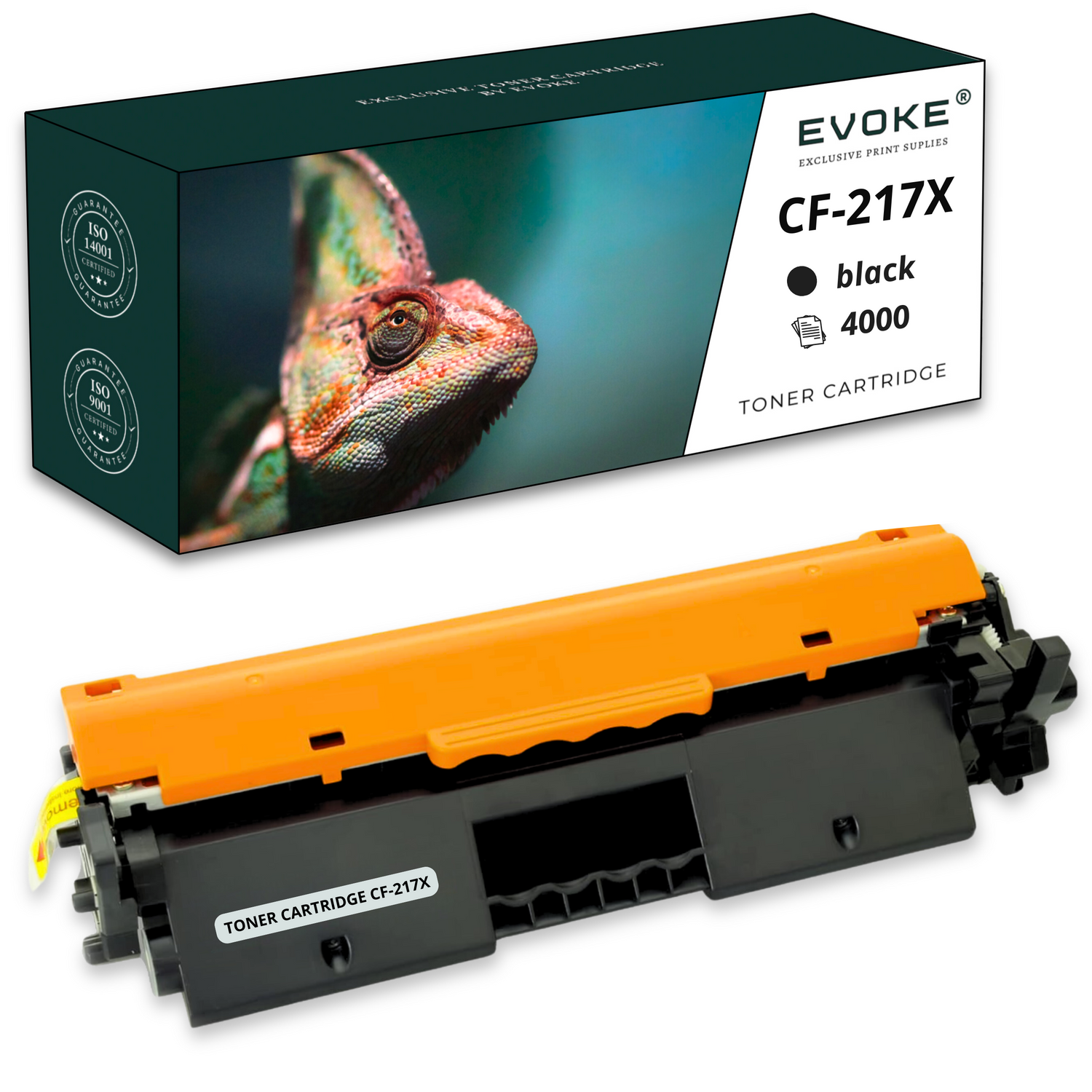 Obraz przedstawia toner Evoke CF-217X z kameleonem na pudełku. Kaseta jest czarna i pomarańczowa.