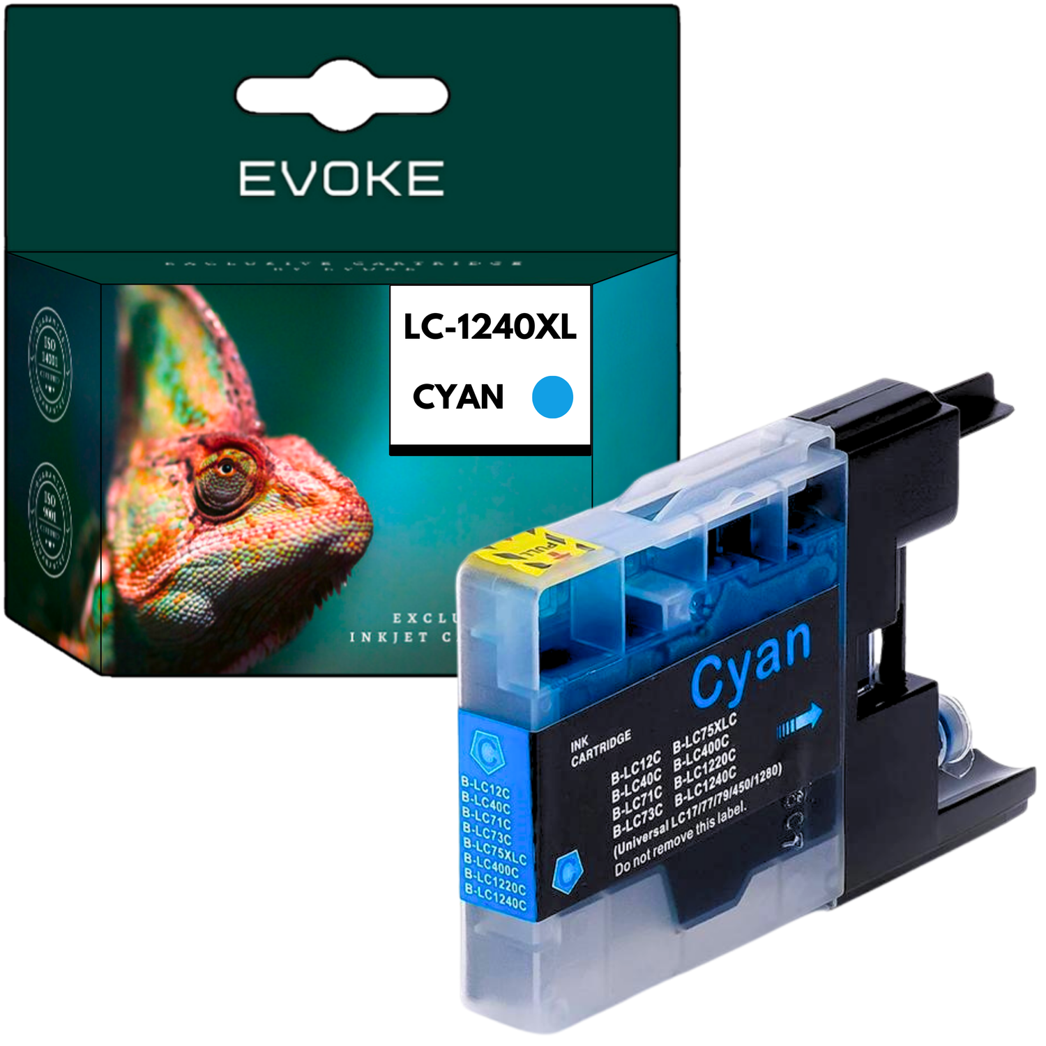Zdjęcie przedstawia pudełko z wkładami atramentowymi Evoke z kameleonem i wkładem atramentowym w kolorze cyjanu.