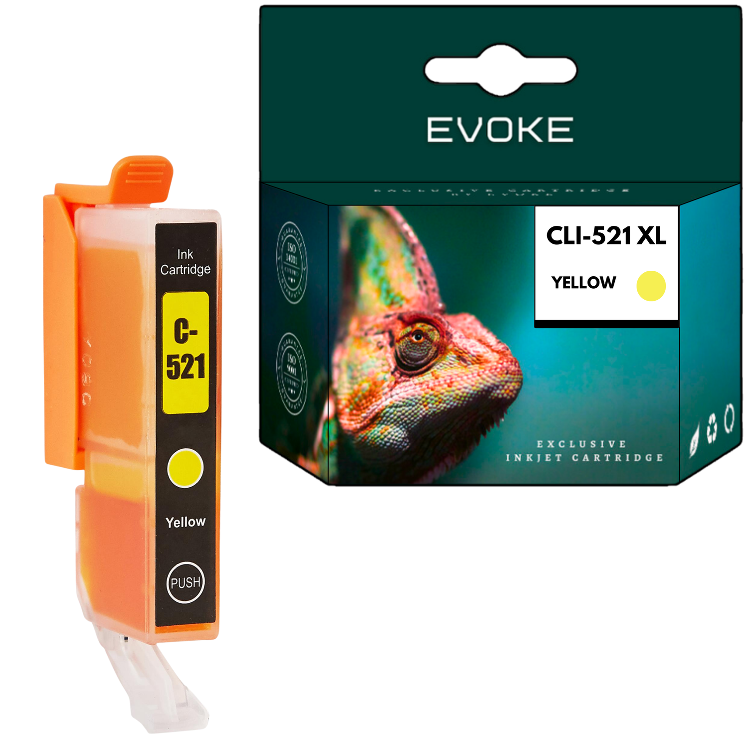 Pokazano wkład atramentowy i jego pudełko. Wkład jest pomarańczowy i żółty. Na pudełku znajduje się kameleon.