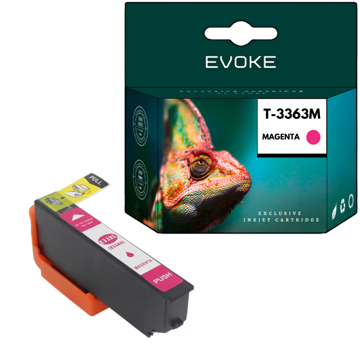Magenta tusz i pudełko ze zdjęciem kameleona. Na pudełku napis Evoke, T-3363M i Exclusive Inkjet Cartridge.