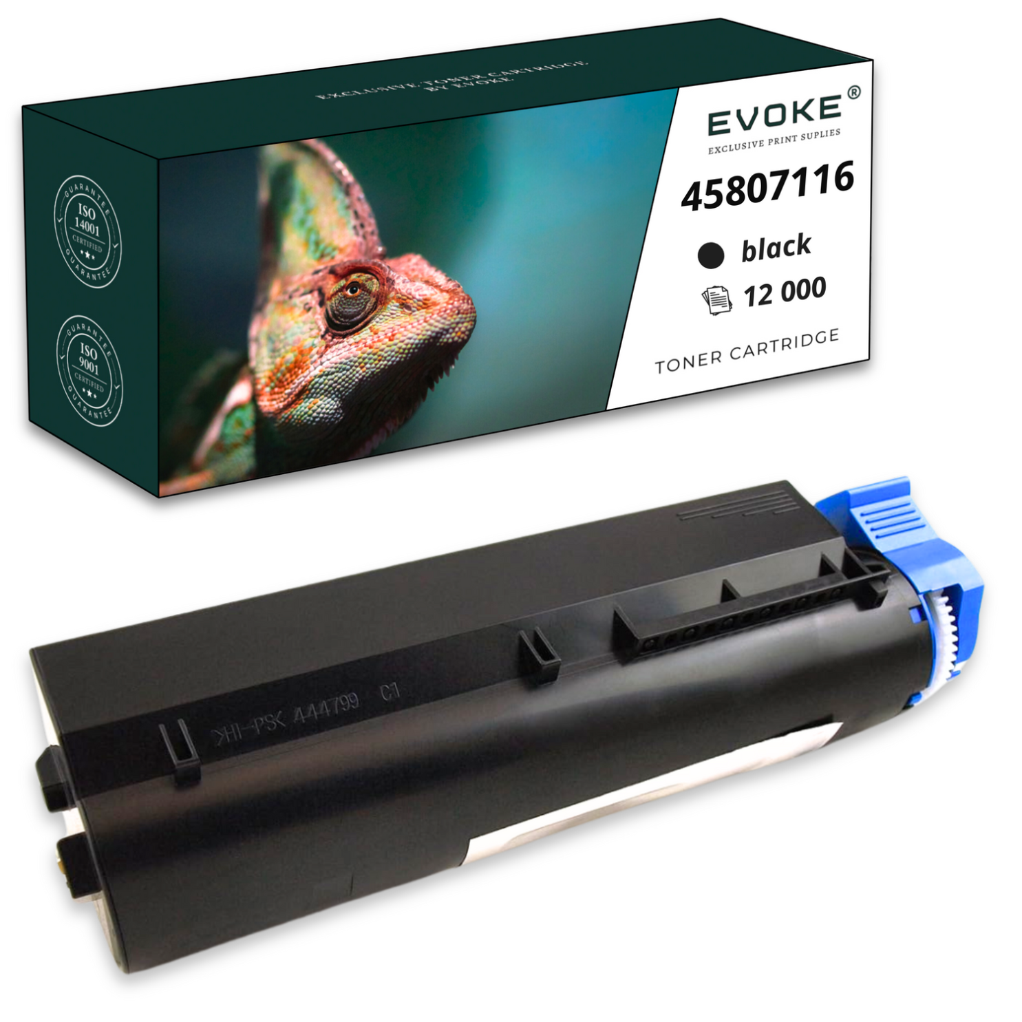 Przedstawiono wkład z tonerem i jego pudełko. Na pudełku znajduje się wizerunek kameleona. Wkład z tonerem jest czarny i niebieski.