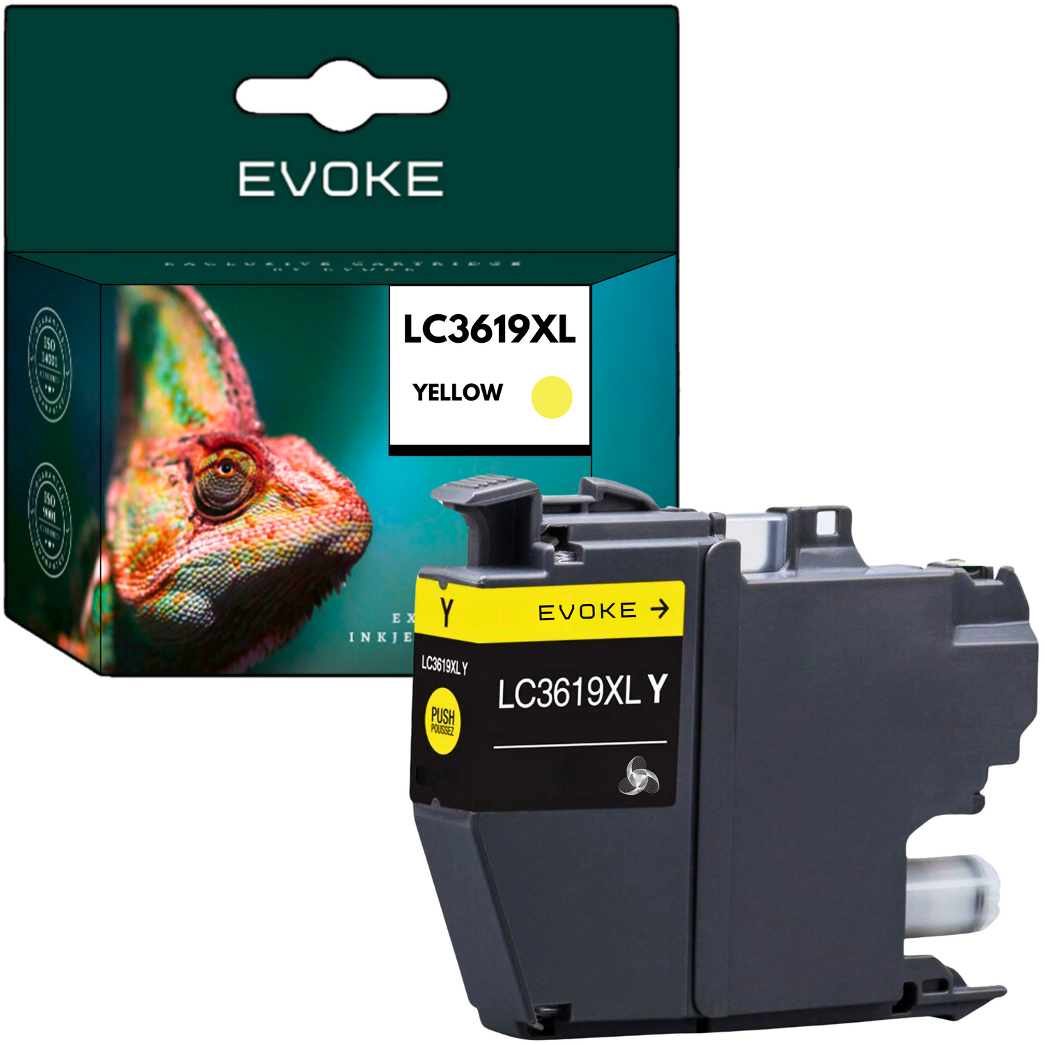 Pokazano żółty wkład atramentowy i jego pudełko. Pudełko ma zdjęcie kameleona i tekst 'LC3619XL YELLOW'.