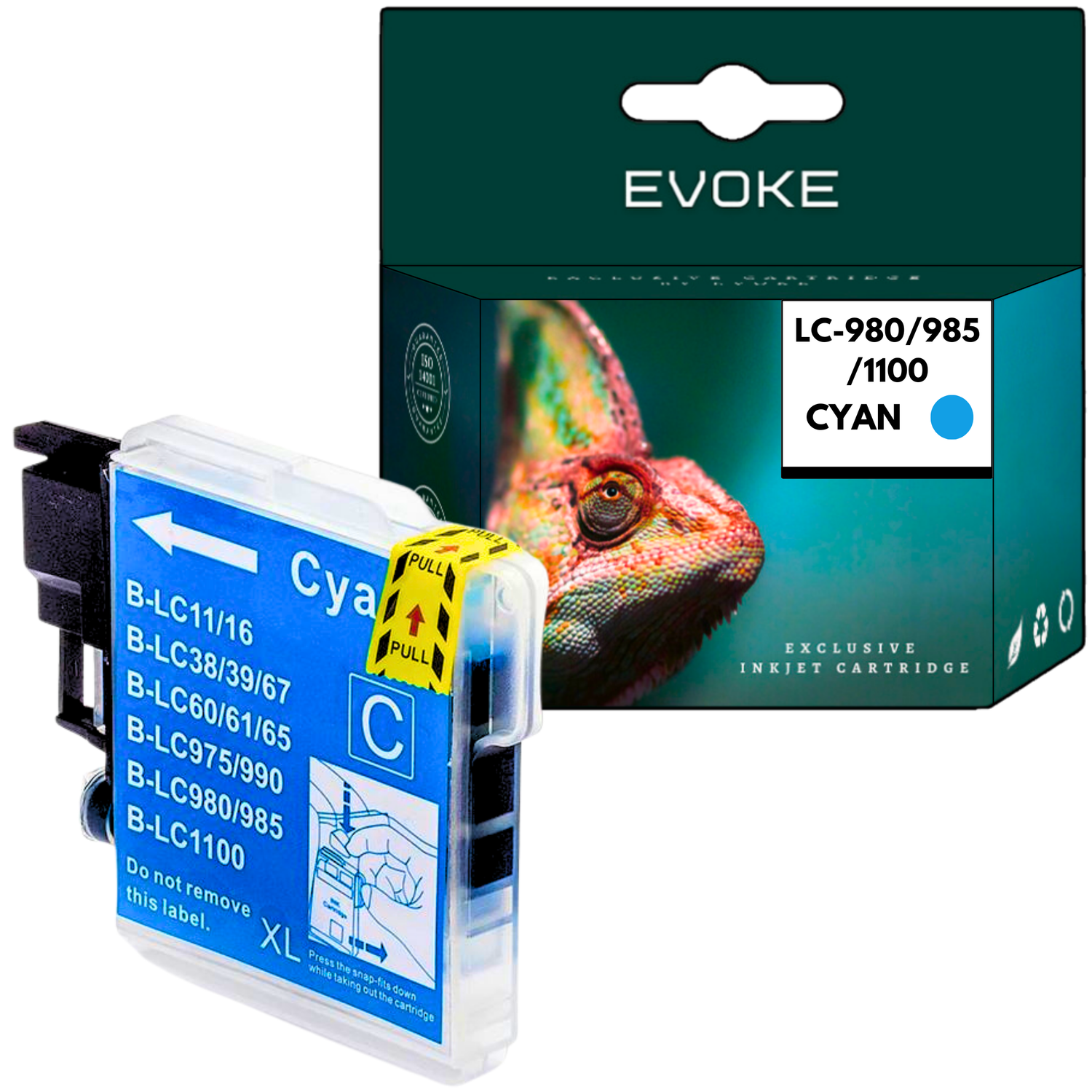 Wkład atramentowy w kolorze cyjan z pudełkiem przedstawiającym wizerunek kameleona. Etykiety zawierają informacje o produkcie i instrukcje.