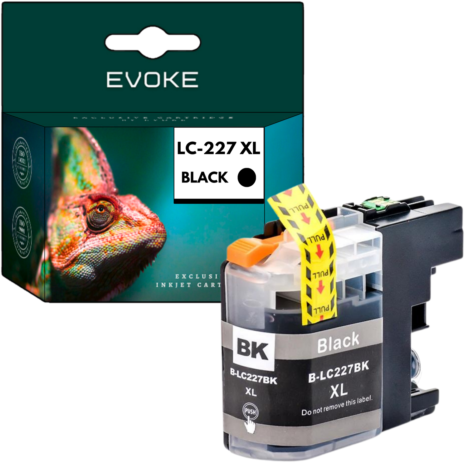 Czarny wkład atramentowy z etykietą 'B-LC227BK XL' z zawleczką, oraz pudełko ze zdjęciem kameleona i napisem 'LC-227 XL BLACK'.