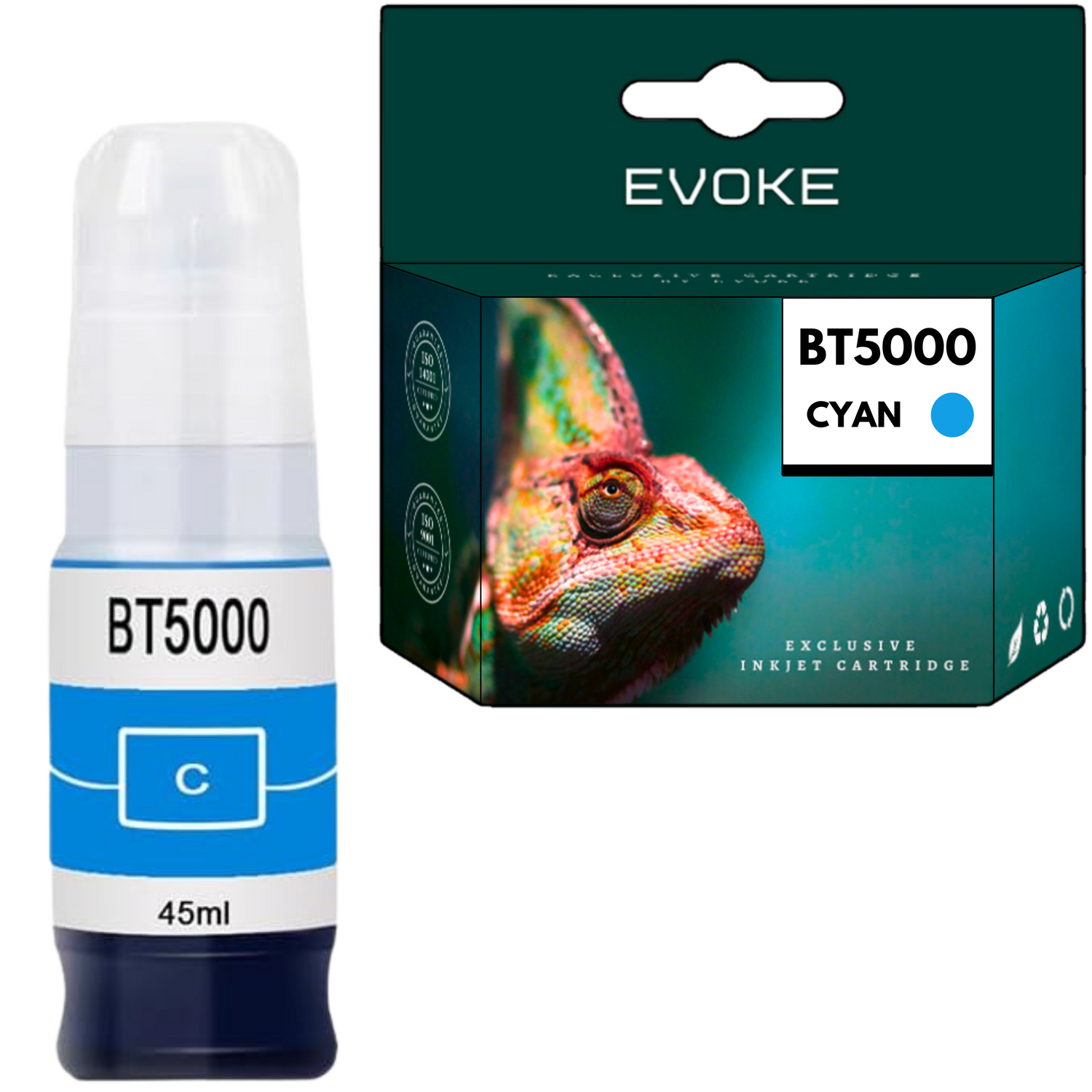 Butelka i pudełko z niebieskozielonym tuszem. Na butelce napis BT5000 C i 45ml. Na pudełku zdjęcie kameleona i napis BT5000 CYAN.