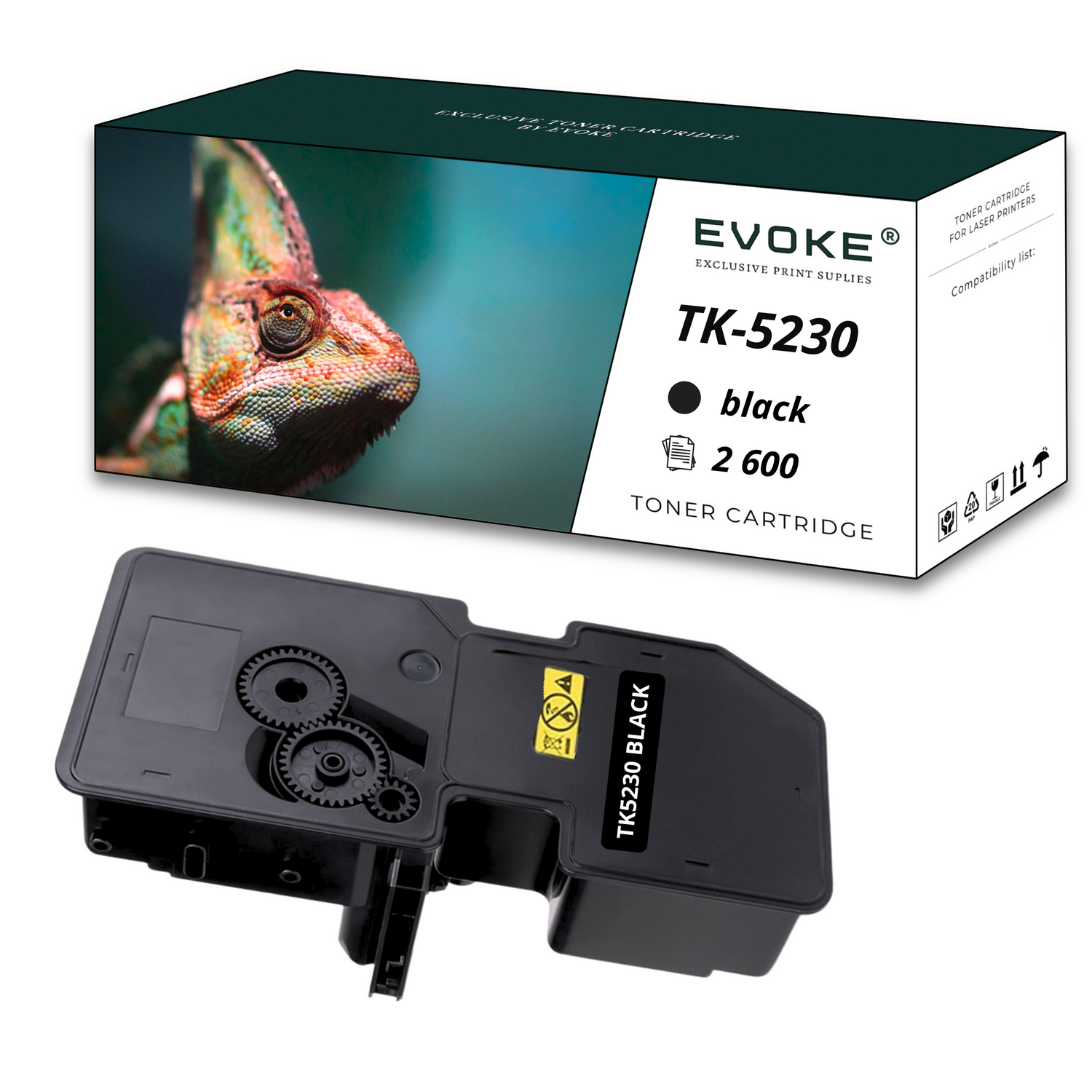 Pudełko z tonerem ze zdjęciem kameleona i oddzielny czarny toner z etykietą TK5230 BLACK.