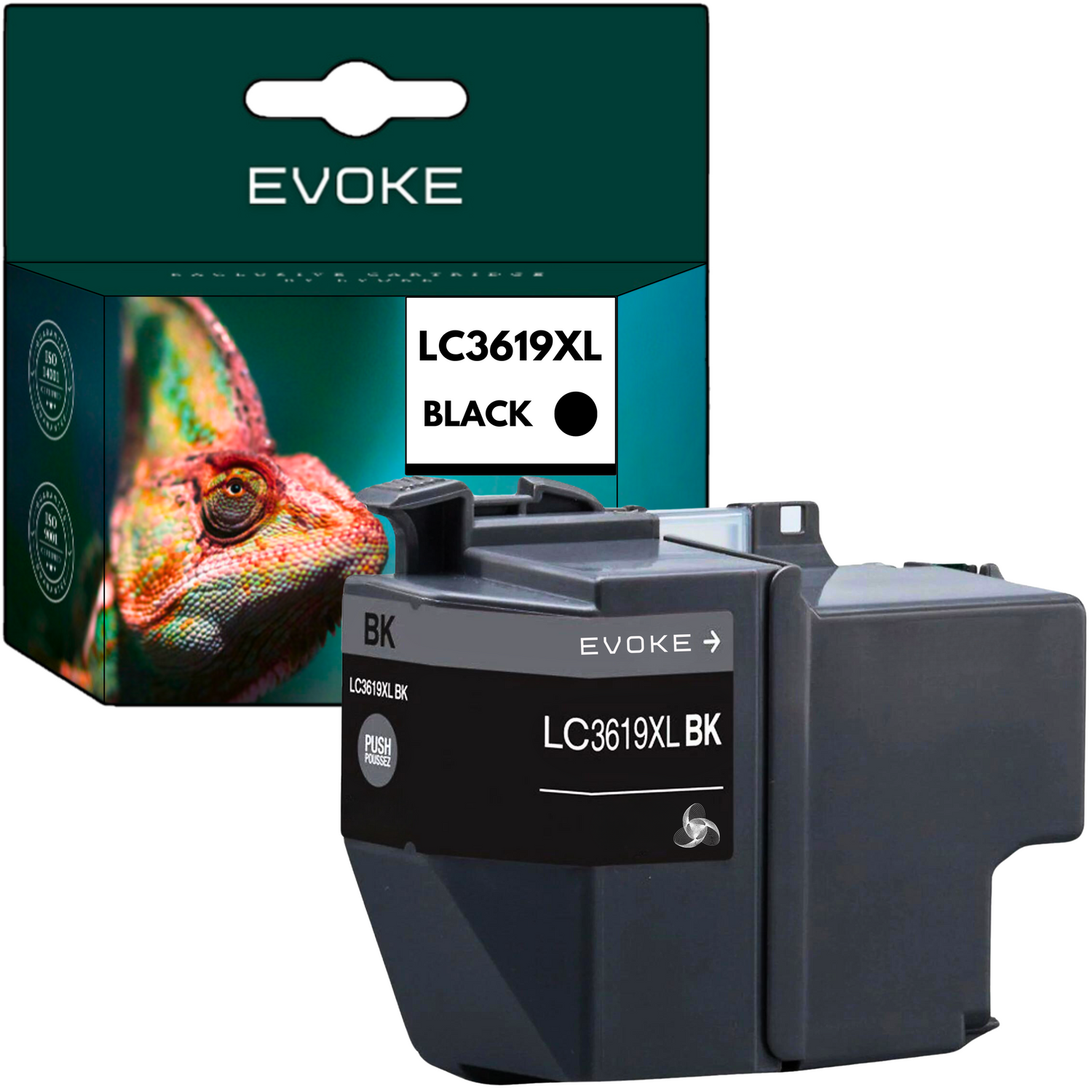 Czarny wkład atramentowy z etykietą LC3619XL BK, obok pudełka z logo EVOKE i wizerunkiem kameleona.