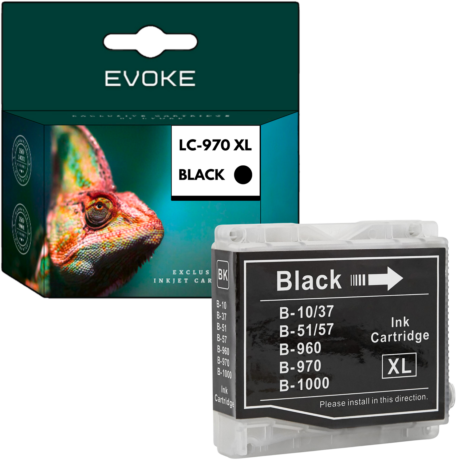 Pudełko z wkładami atramentowymi Evoke, ze zbliżeniem czarnego wkładu. Na pudełku widać kameleona.