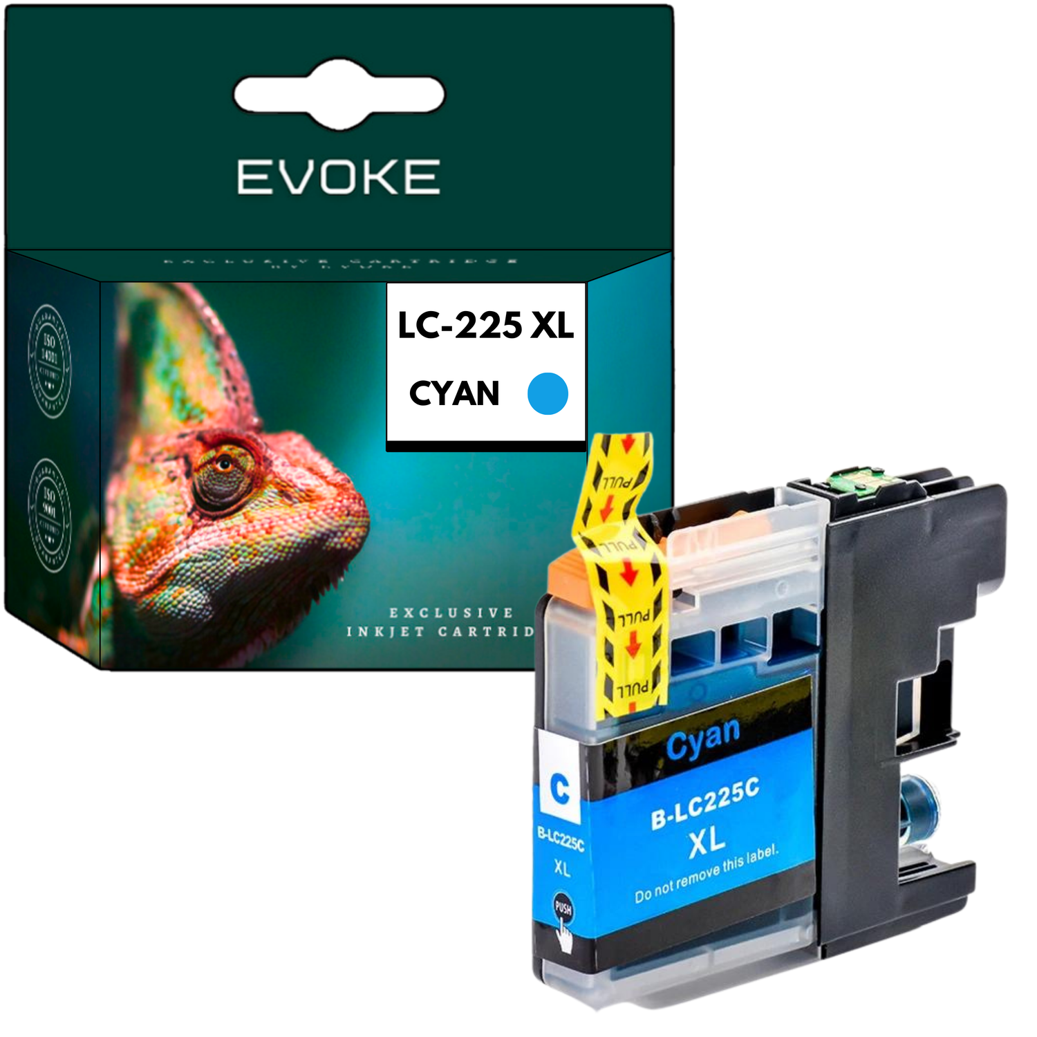 Zdjęcie przedstawia pudełko z wkładami atramentowymi Evoke z kameleonem i wkładem atramentowym w kolorze cyjan oznaczonym jako LC-225 XL. Wkład jest z przodu.